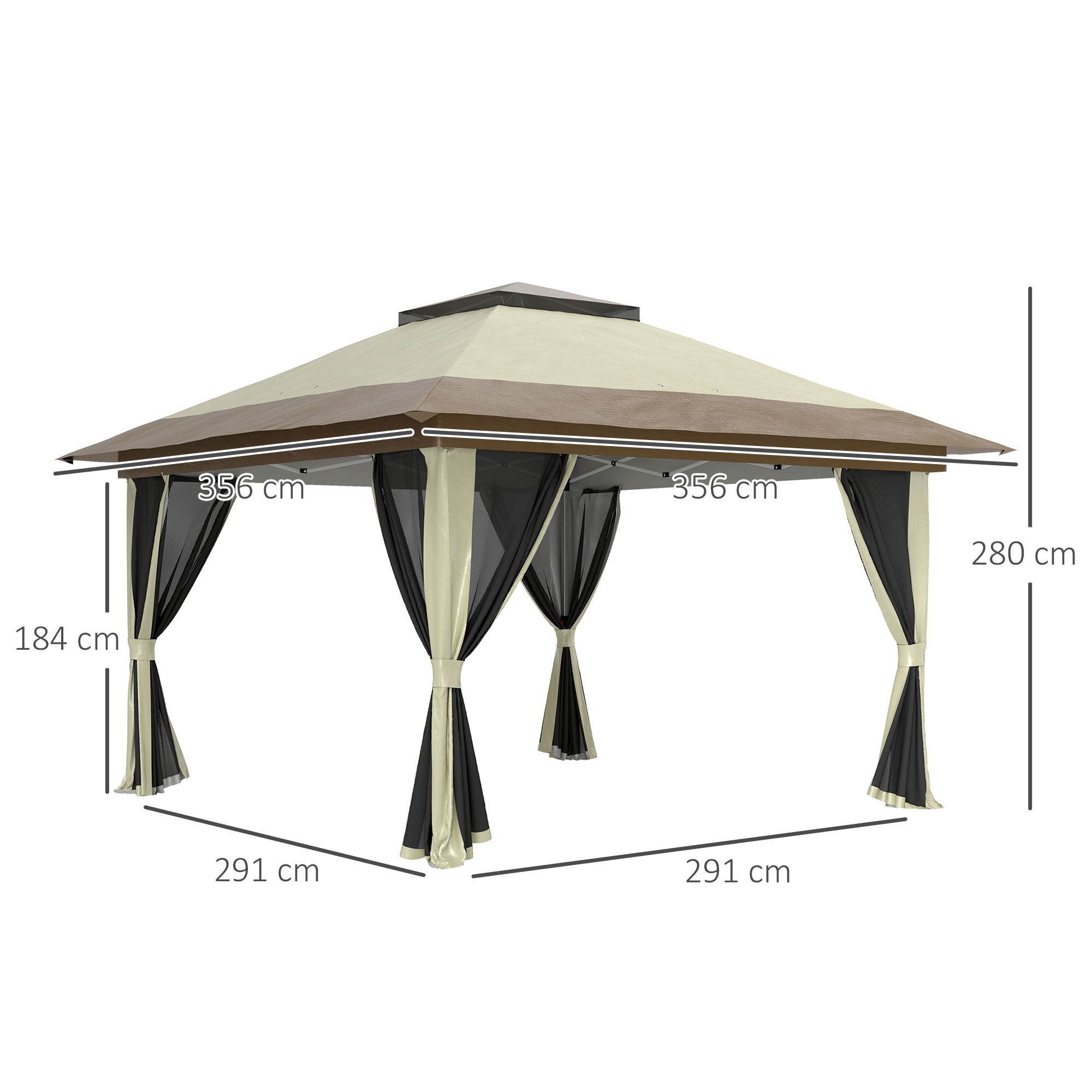 Un cenador beige con detalles marrones y cortinas negras. Dimensiones mostradas.