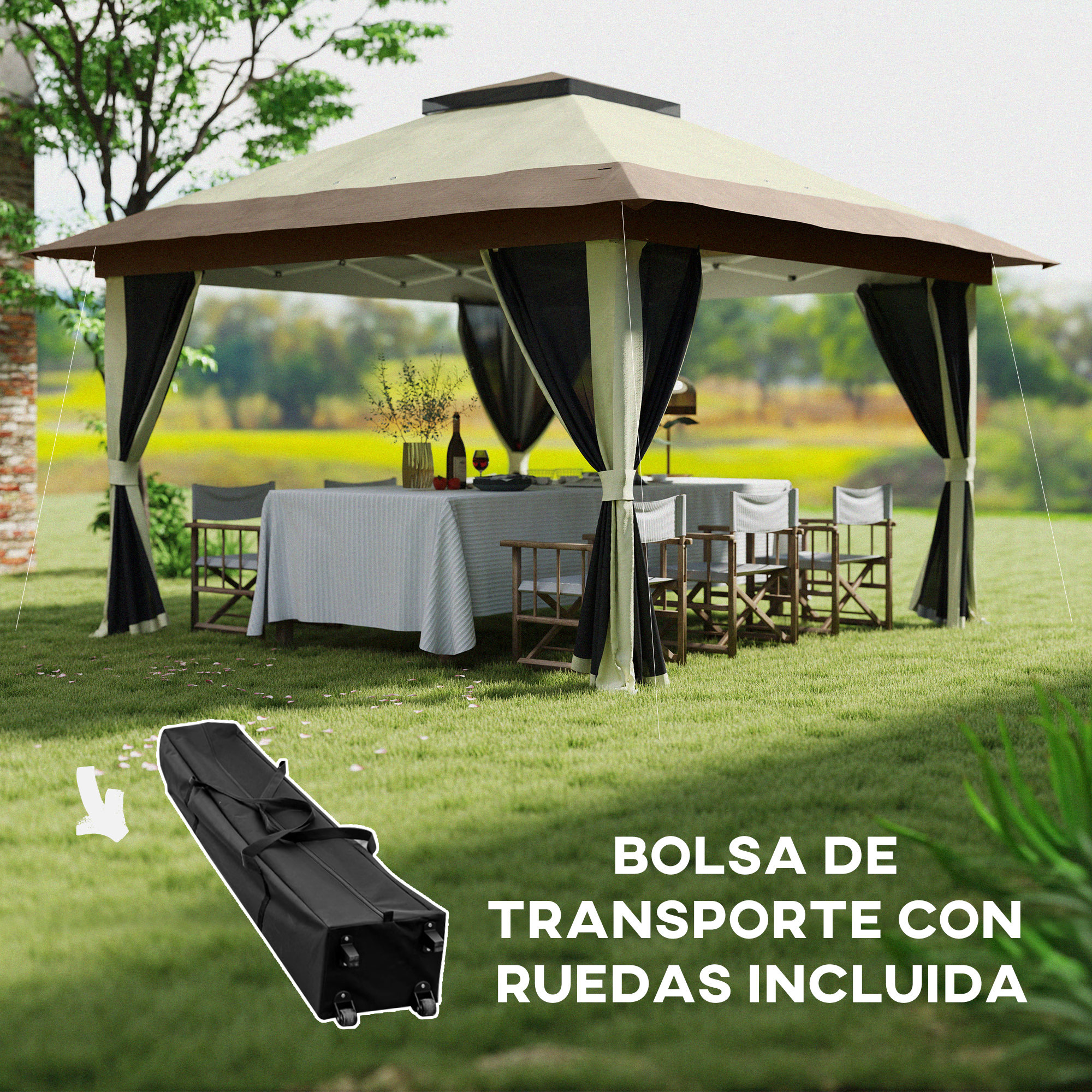 Un cenador exterior con mesa y sillas, incluye bolsa de transporte.