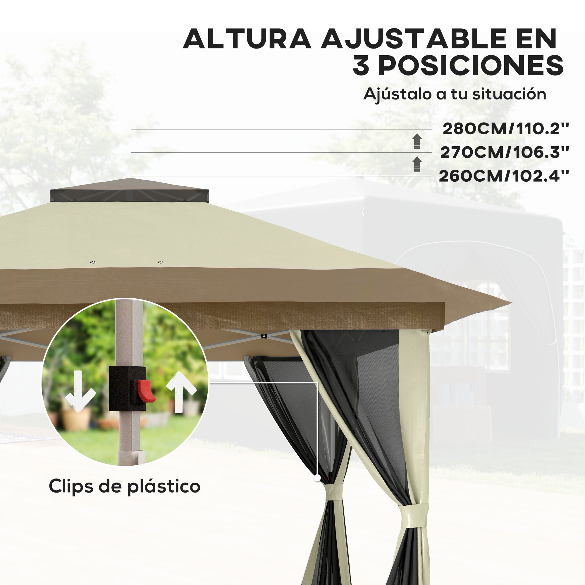 Toldo beige con altura ajustable en 3 posiciones. Muestra clips de plástico.