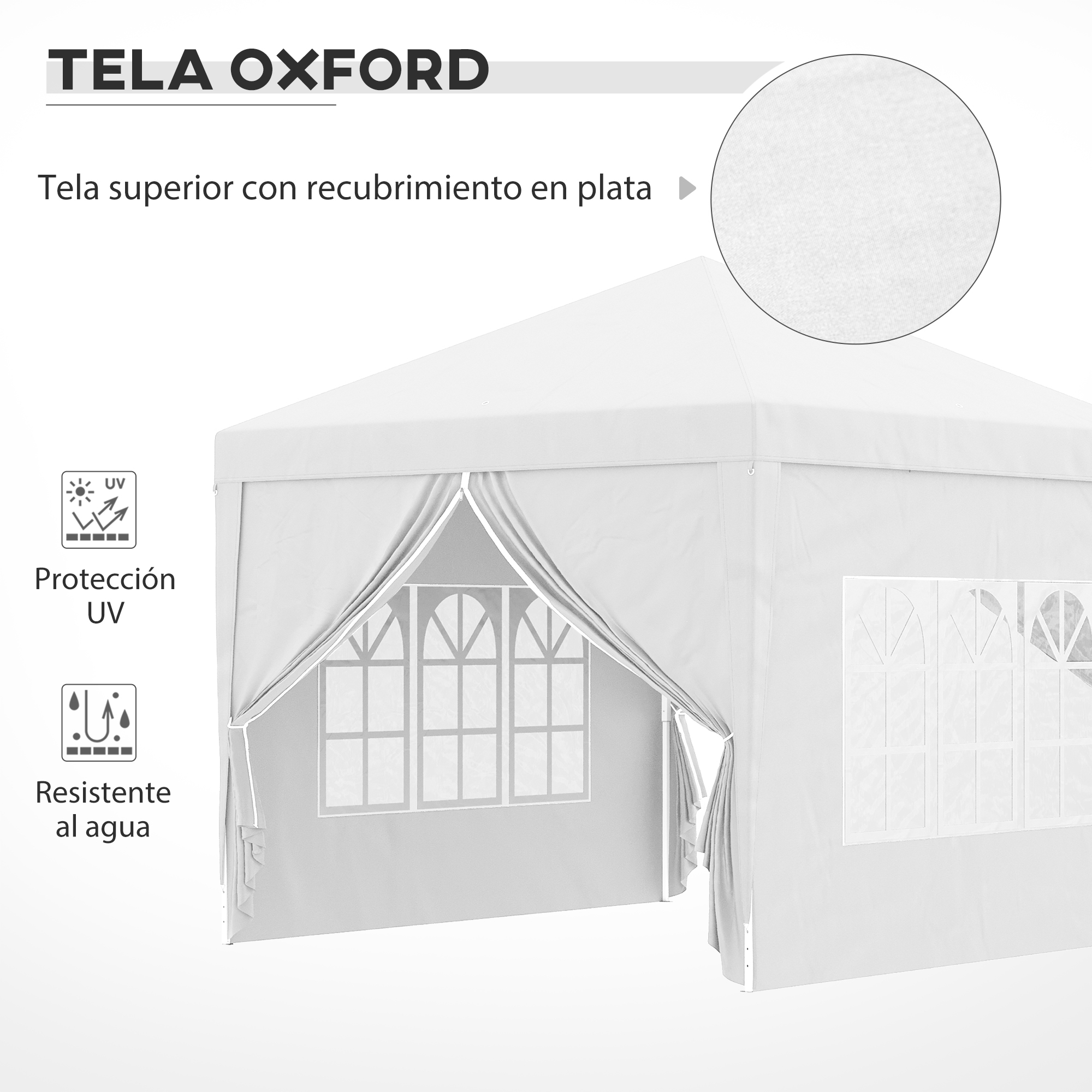 Una carpa blanca con ventanas, con etiquetas de protección UV y resistencia al agua.