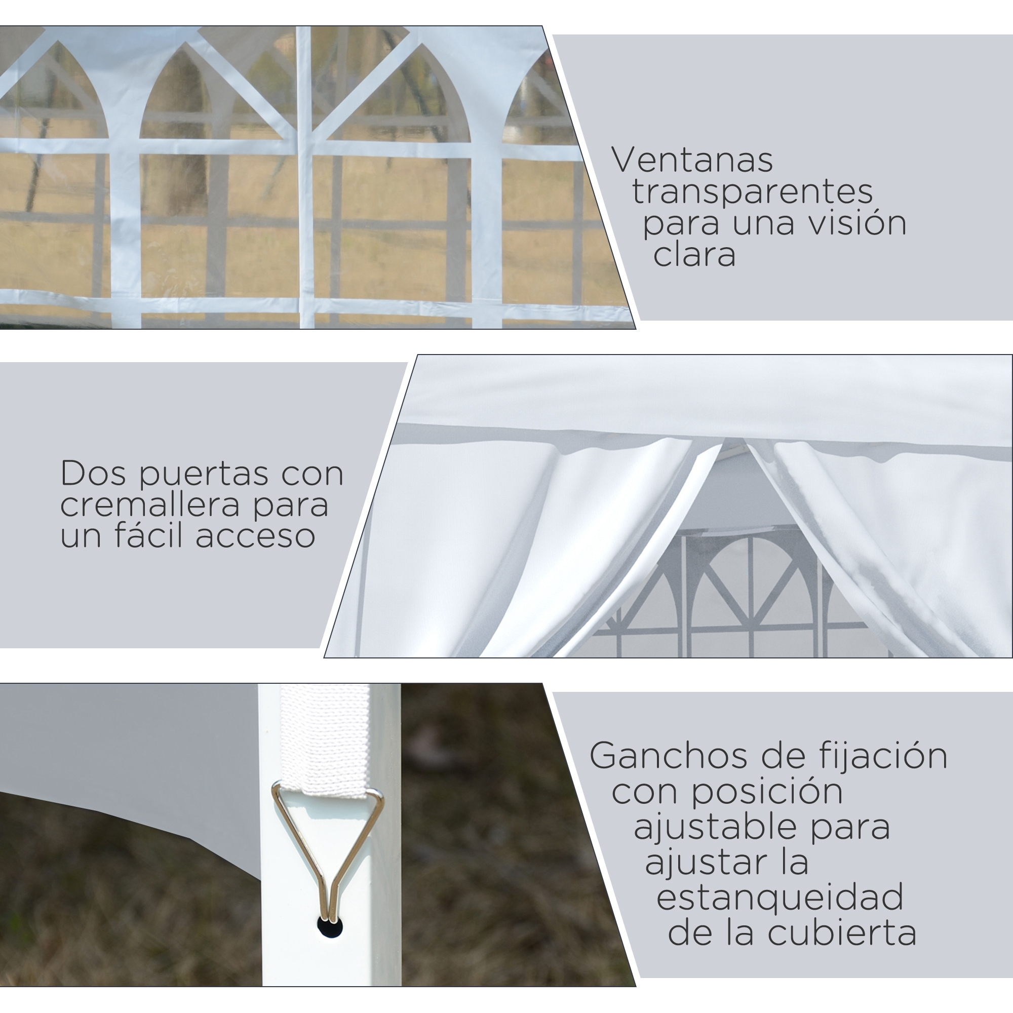 Partes de carpa blanca: ventanas, puertas con cremallera, ganchos.