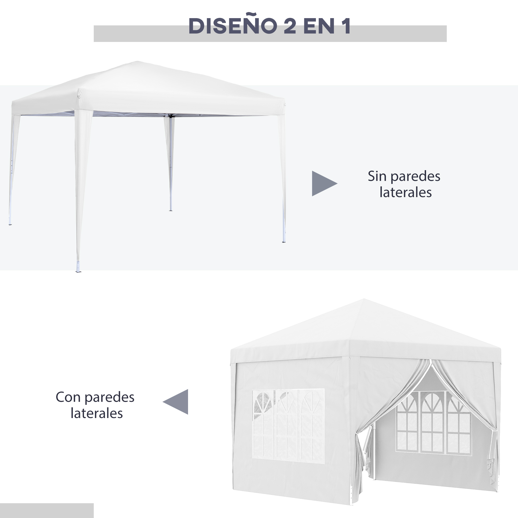 Dos cenadores blancos: uno abierto, otro con ventanas y puertas.