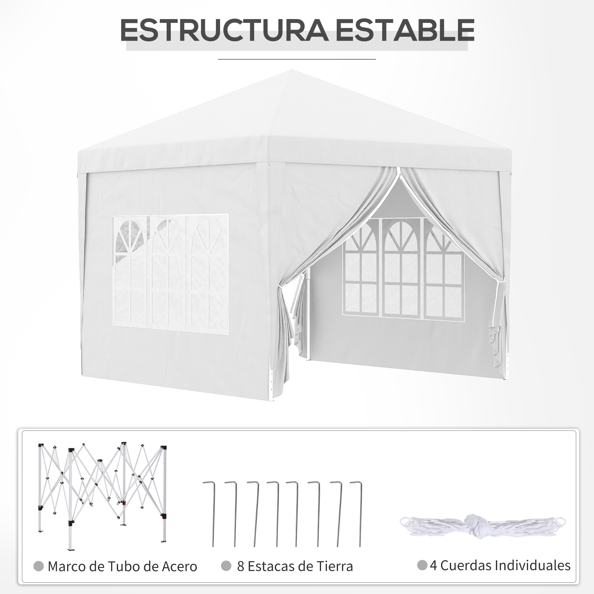 Una carpa blanca con ventanas, debajo el armazón, estacas y cuerdas.