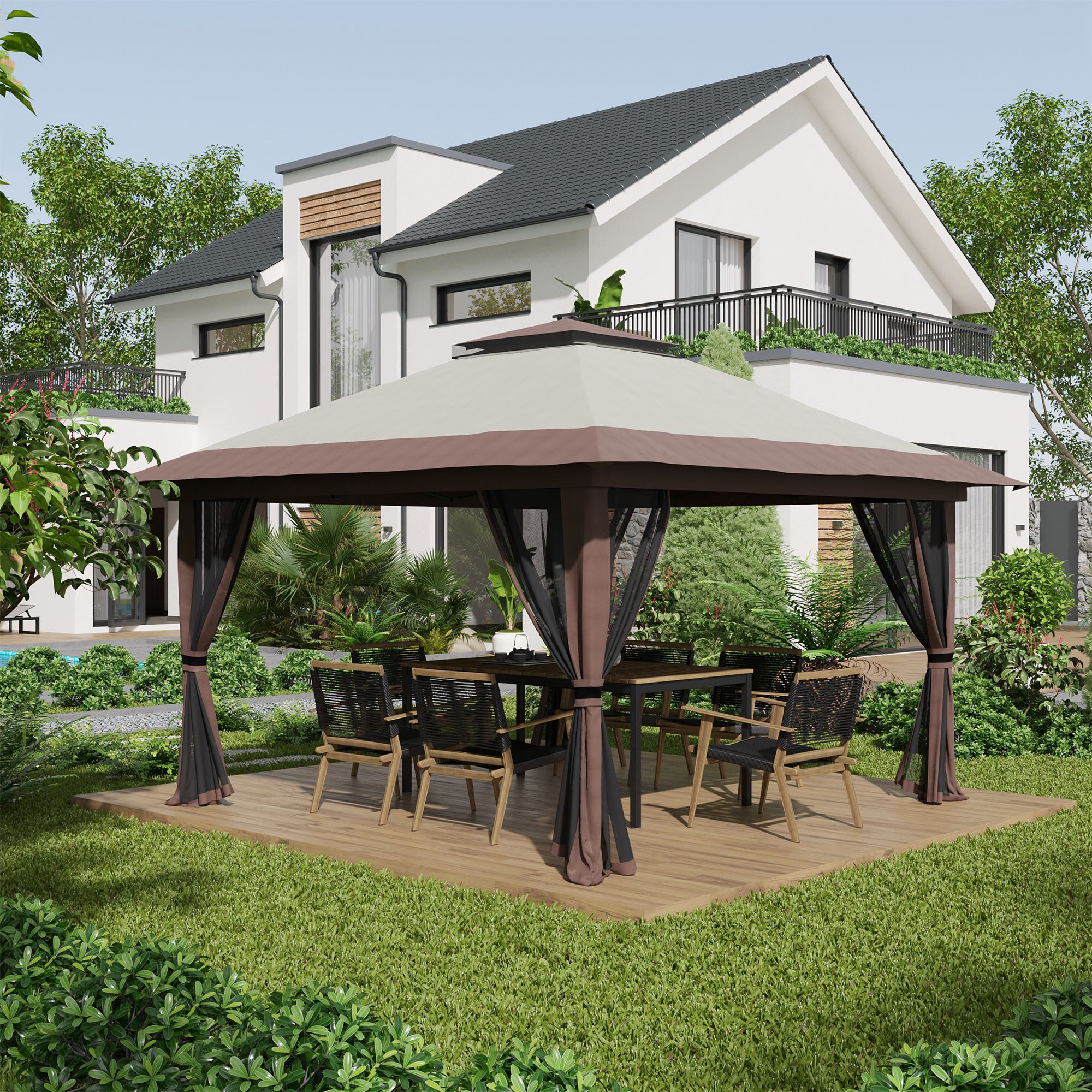 Un giardino moderno con gazebo, tavolo e sedie.