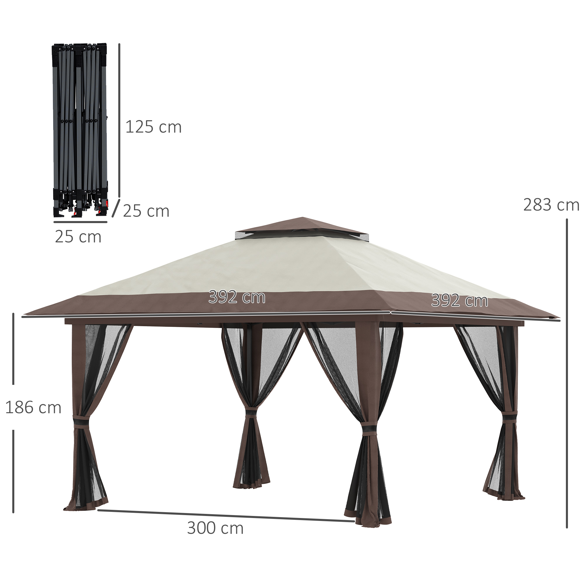 Una tettoia marrone e beige con dimensioni e tende a rete.