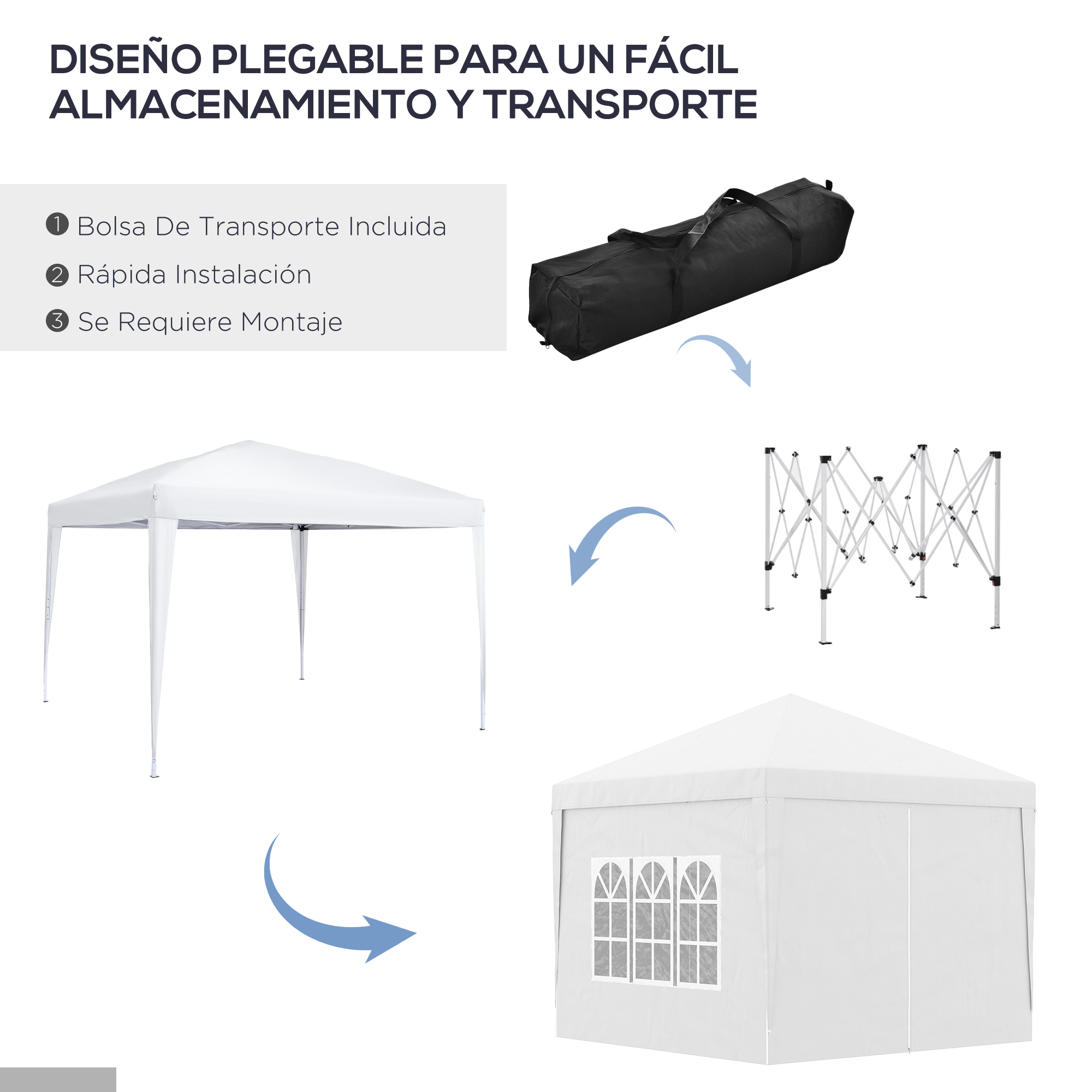 Una carpa blanca con bolsa de transporte y estructura, fácil de montar.