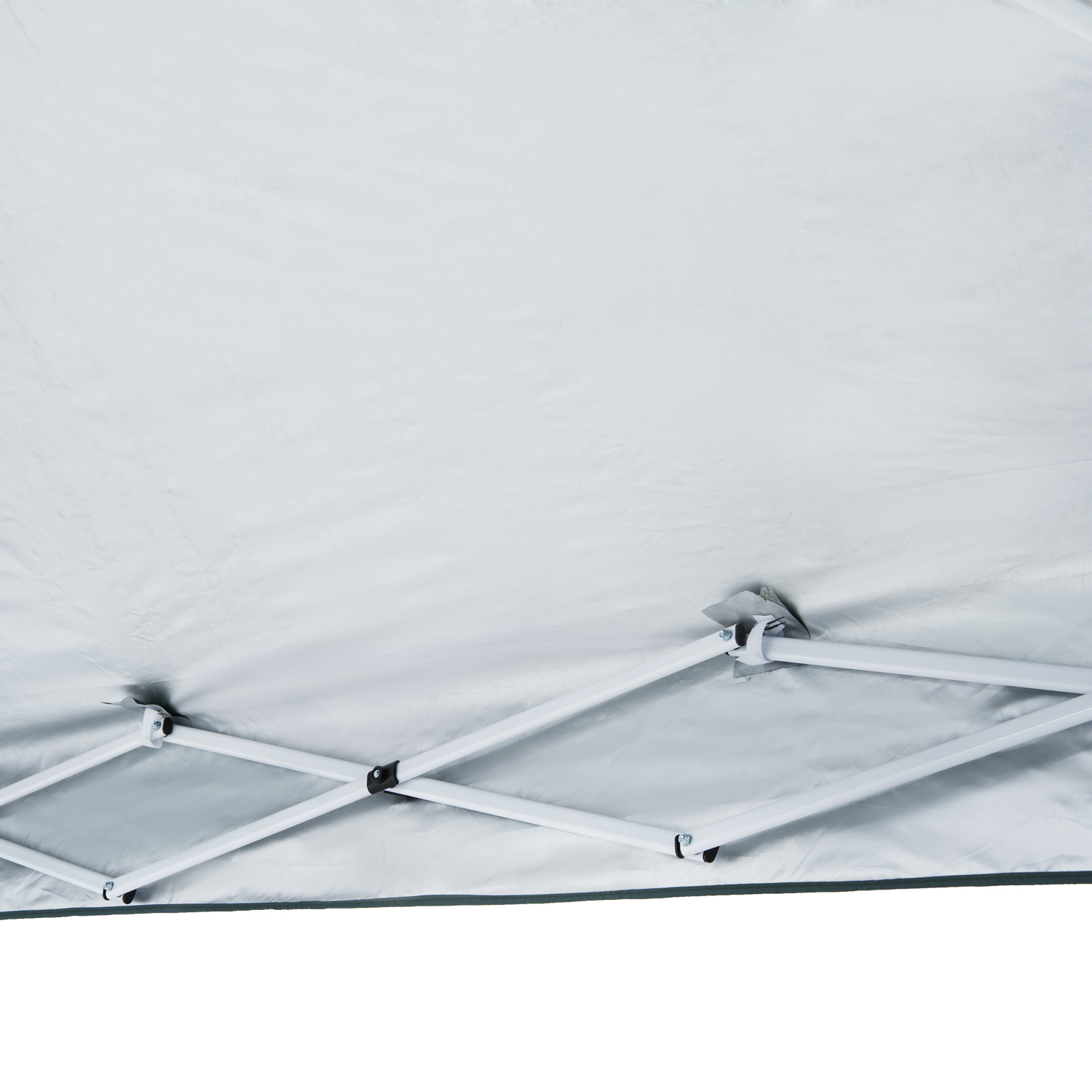 Parte inferior de un toldo plegable blanco con estructura metálica y techo de tela plateada.