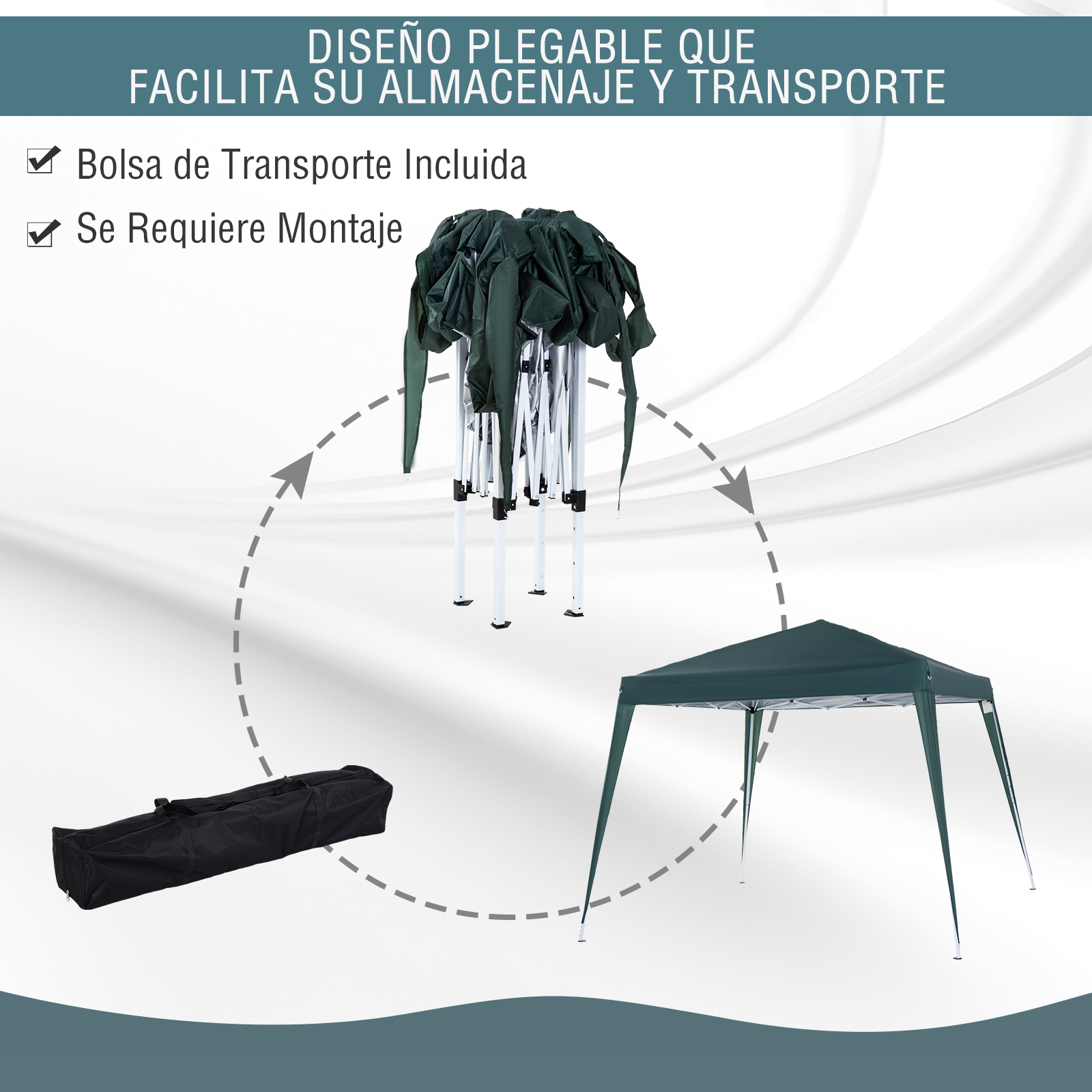 Una carpa verde oscuro en estado plegado y montado, con bolsa.
