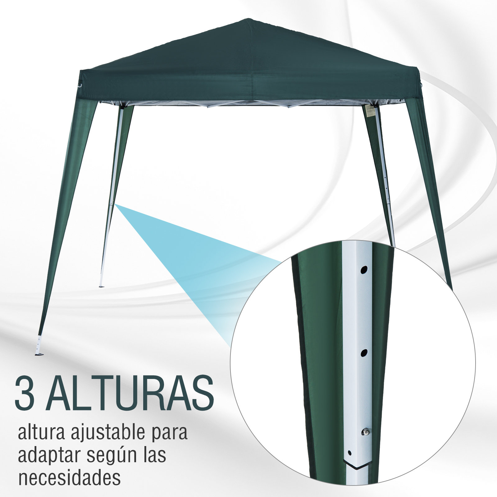 Una carpa verde oscuro con patas ajustables y ajuste de altura.