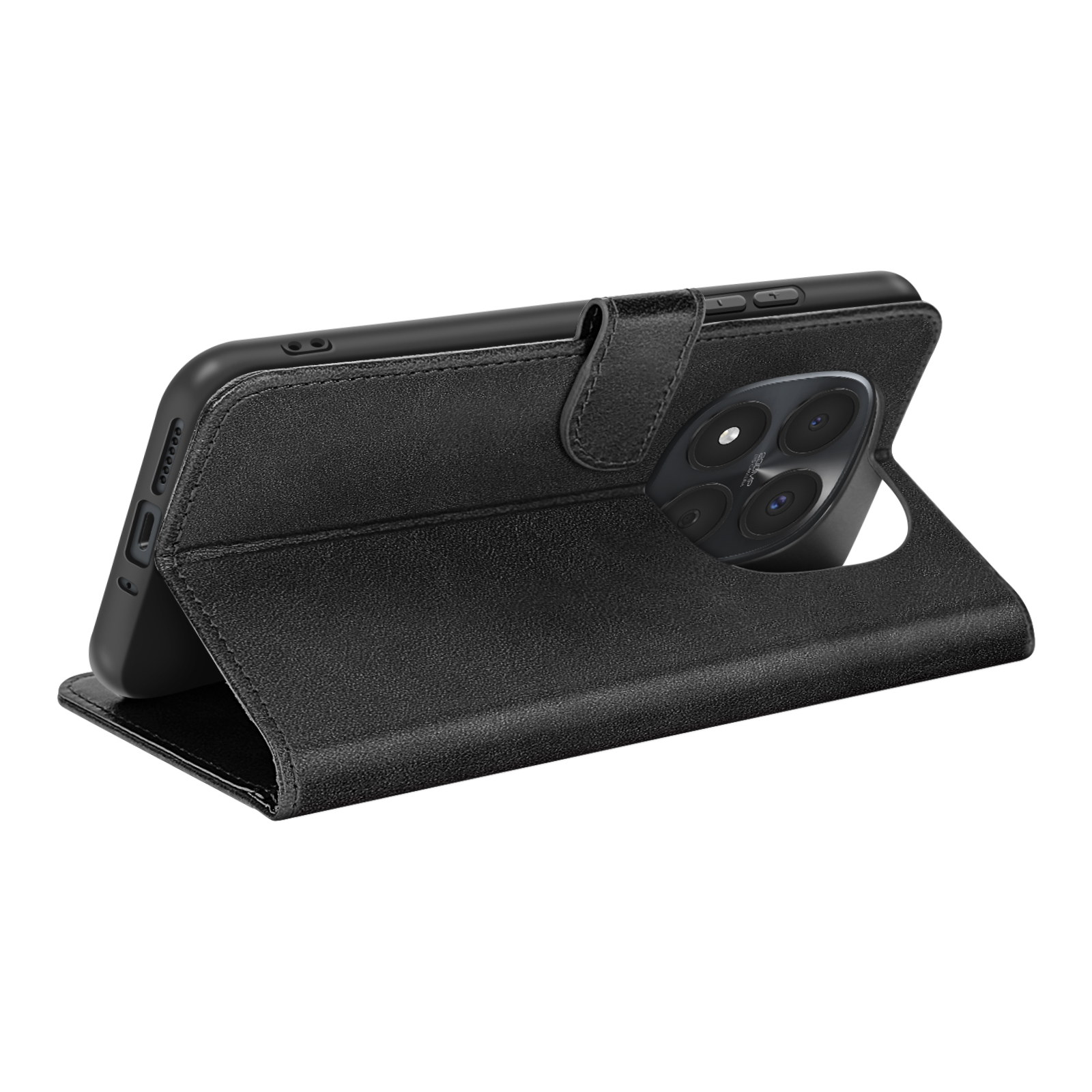 Una custodia a libro in pelle nera per smartphone, appoggiata come supporto.