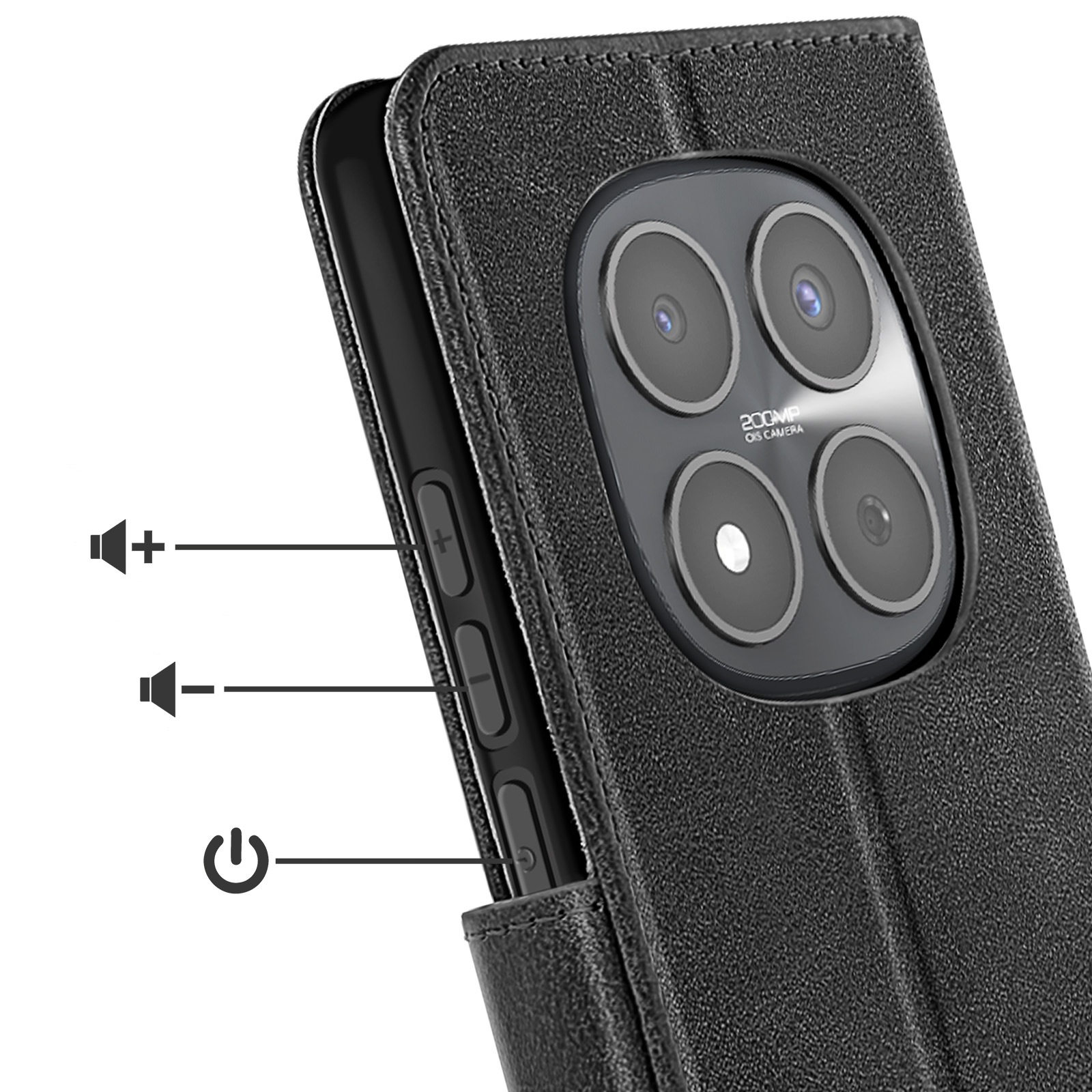 Custodia nera per telefono con fotocamera da 200MP e pulsanti volume/accensione.