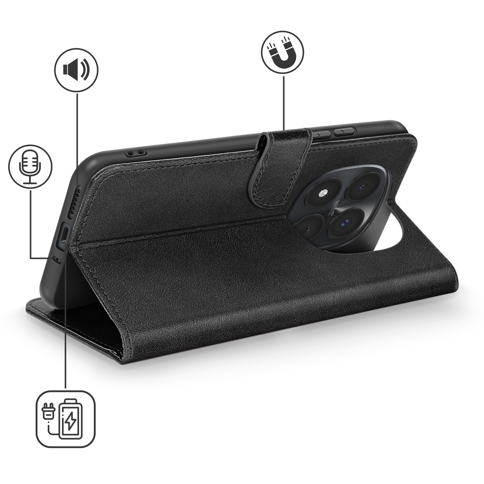 Custodia nera per telefono aperta, con icone per audio, microfono, magnete e batteria.