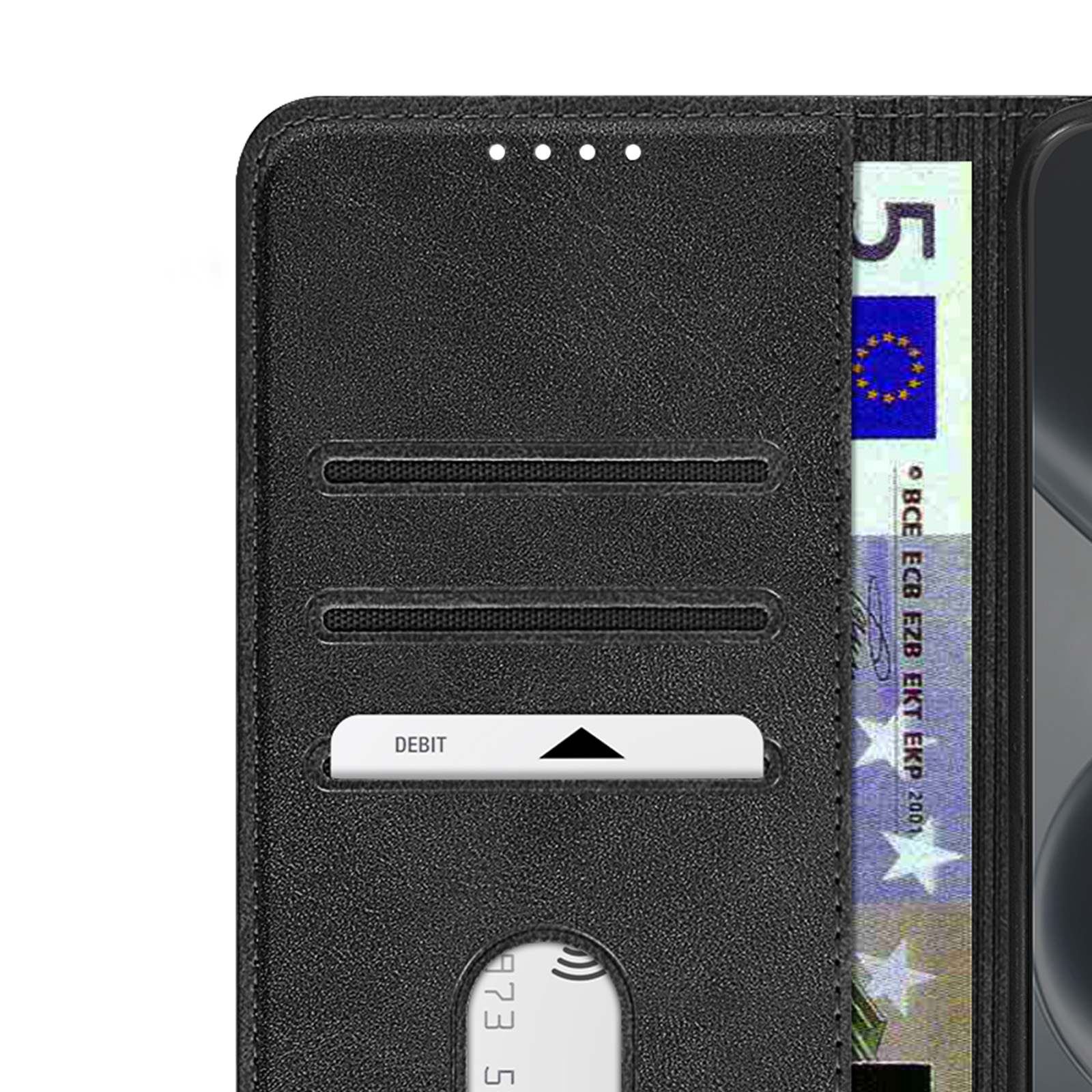 Custodia nera per telefono con fessure per carte e una banconota da 5 euro.