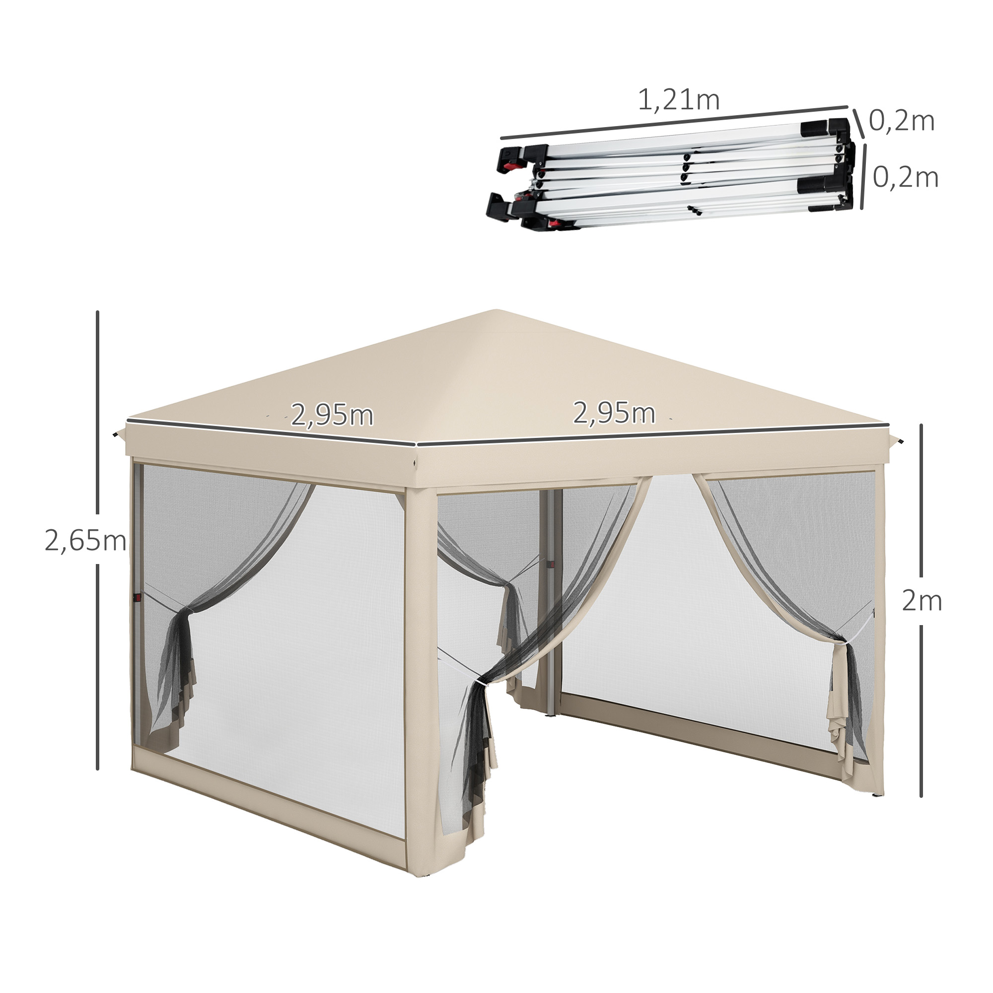 Gazebo beige con cortinas de malla, medidas 2,95m x 2,65m. Estructura plegada arriba.