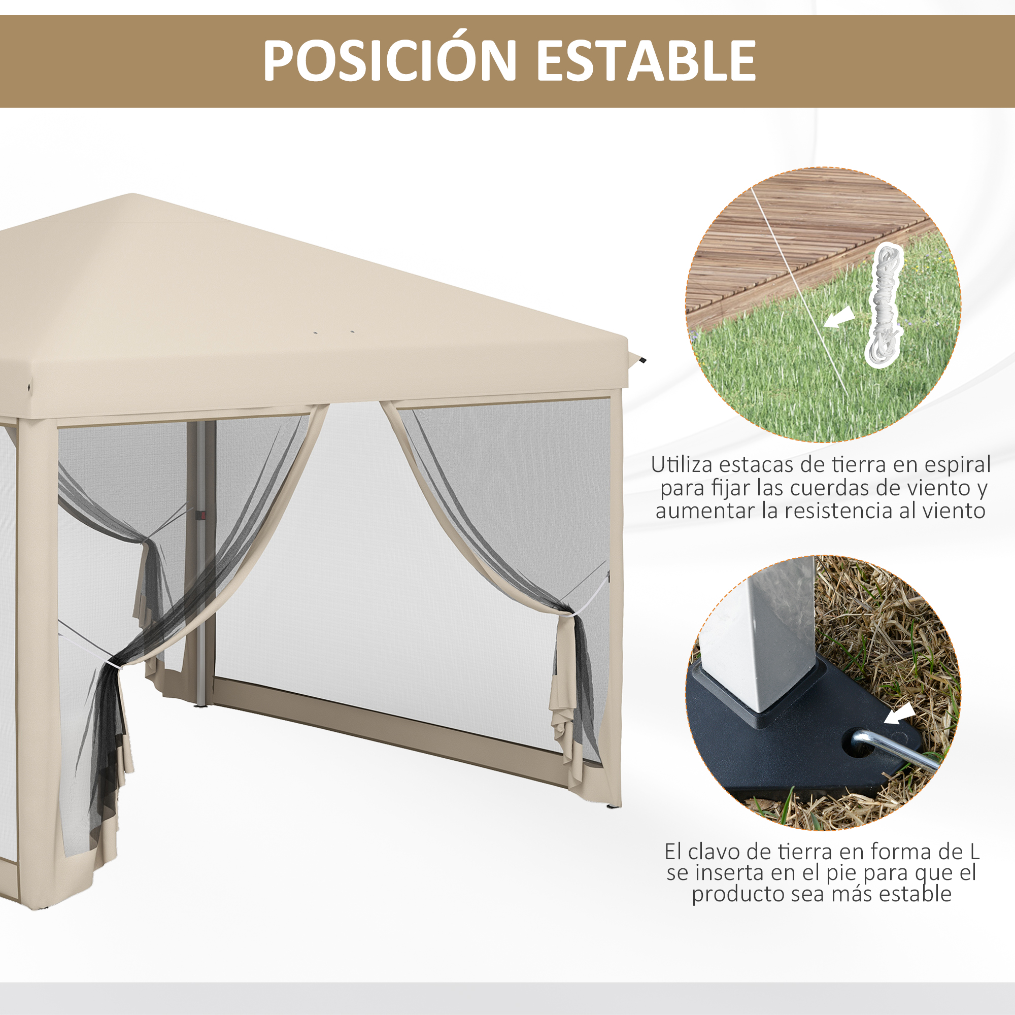 Un cenador beige con mosquitero. Se ven anclajes y cuerdas al suelo.