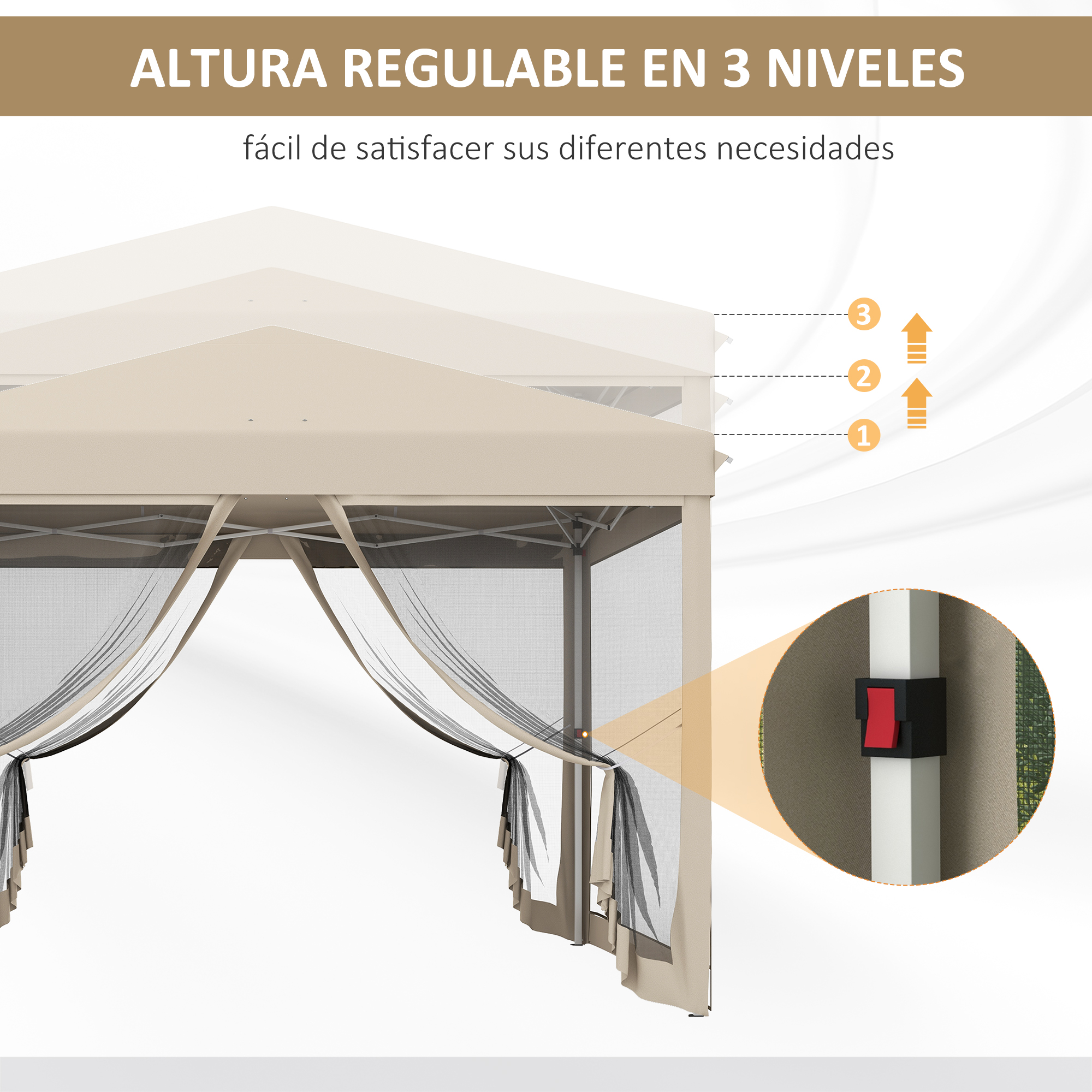 Una carpa beige con tres niveles de altura y mosquiteros.