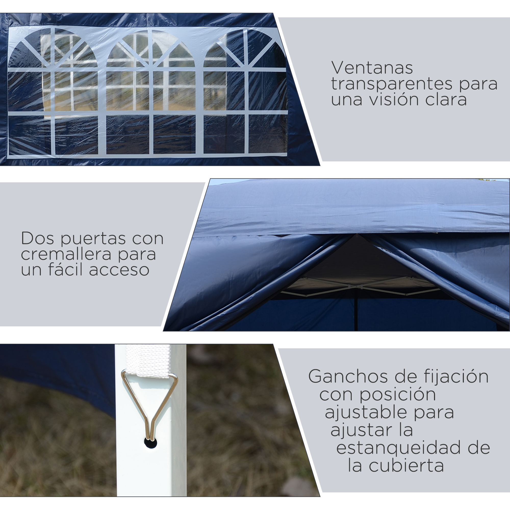 Tienda azul oscuro con ventanas transparentes, puertas y ganchos.