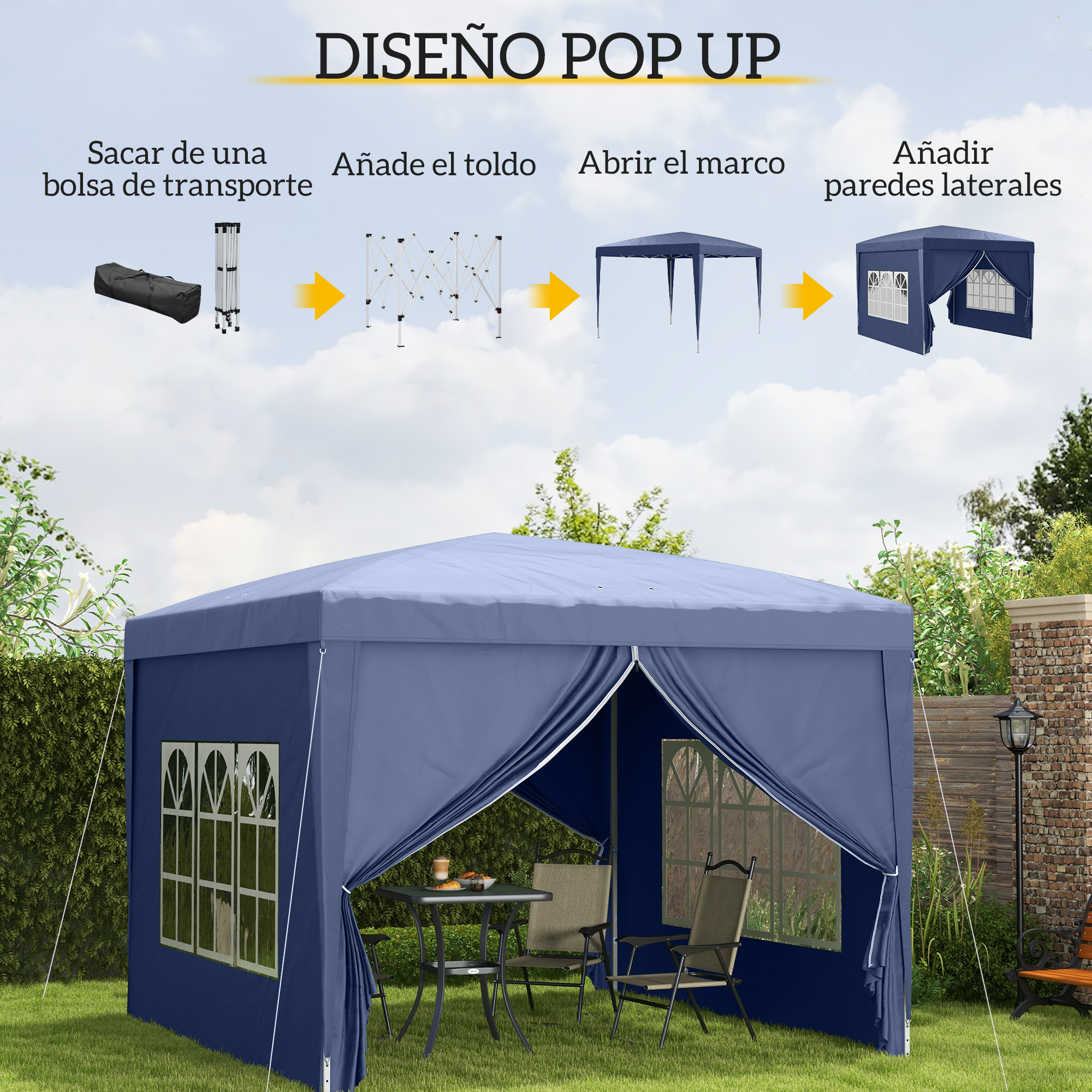 Una carpa azul desplegable con ventanas, asientos y mesa en un jardín.
