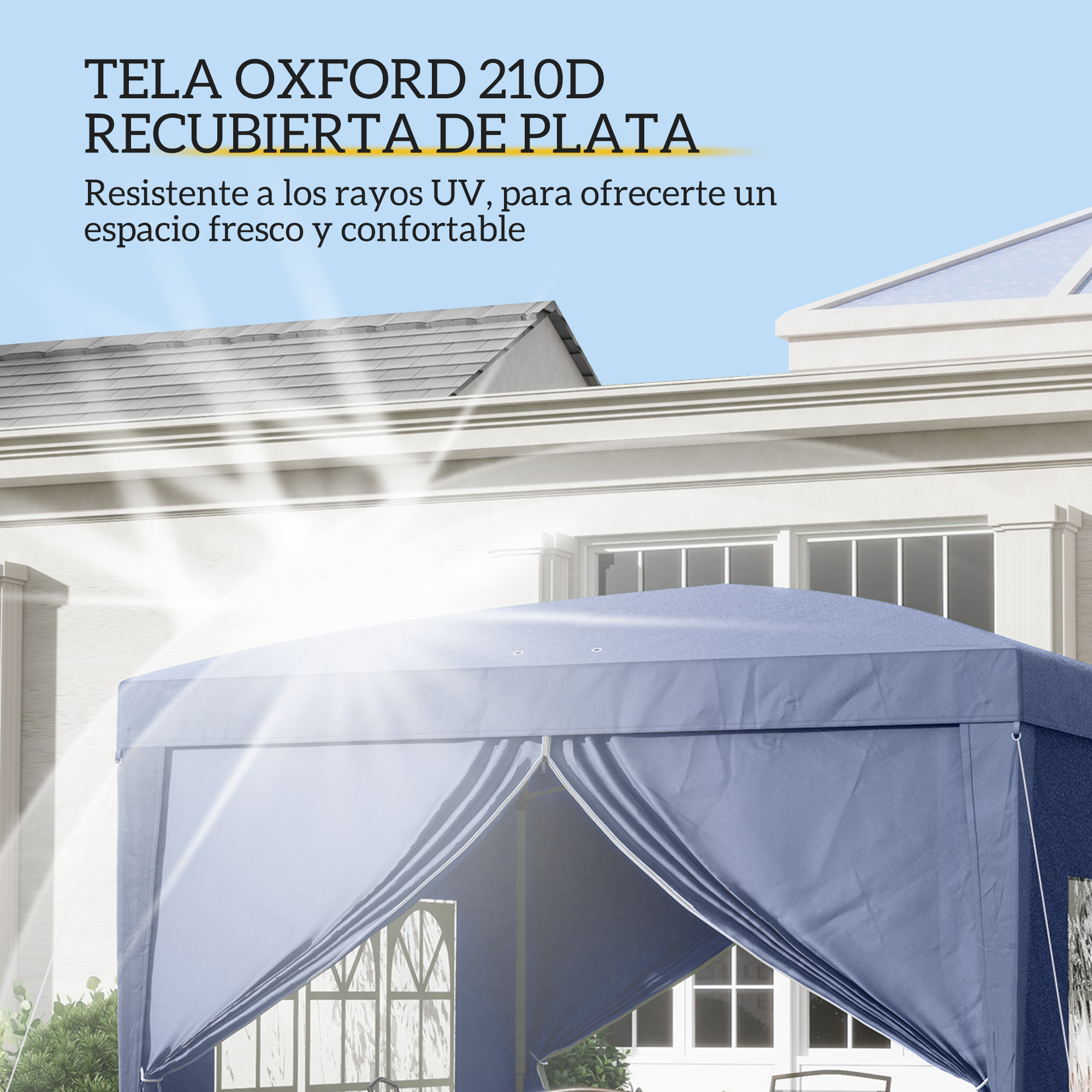 Una carpa azul para exteriores con texto 'Tela Oxford 210D Recubierta de Plata'.
