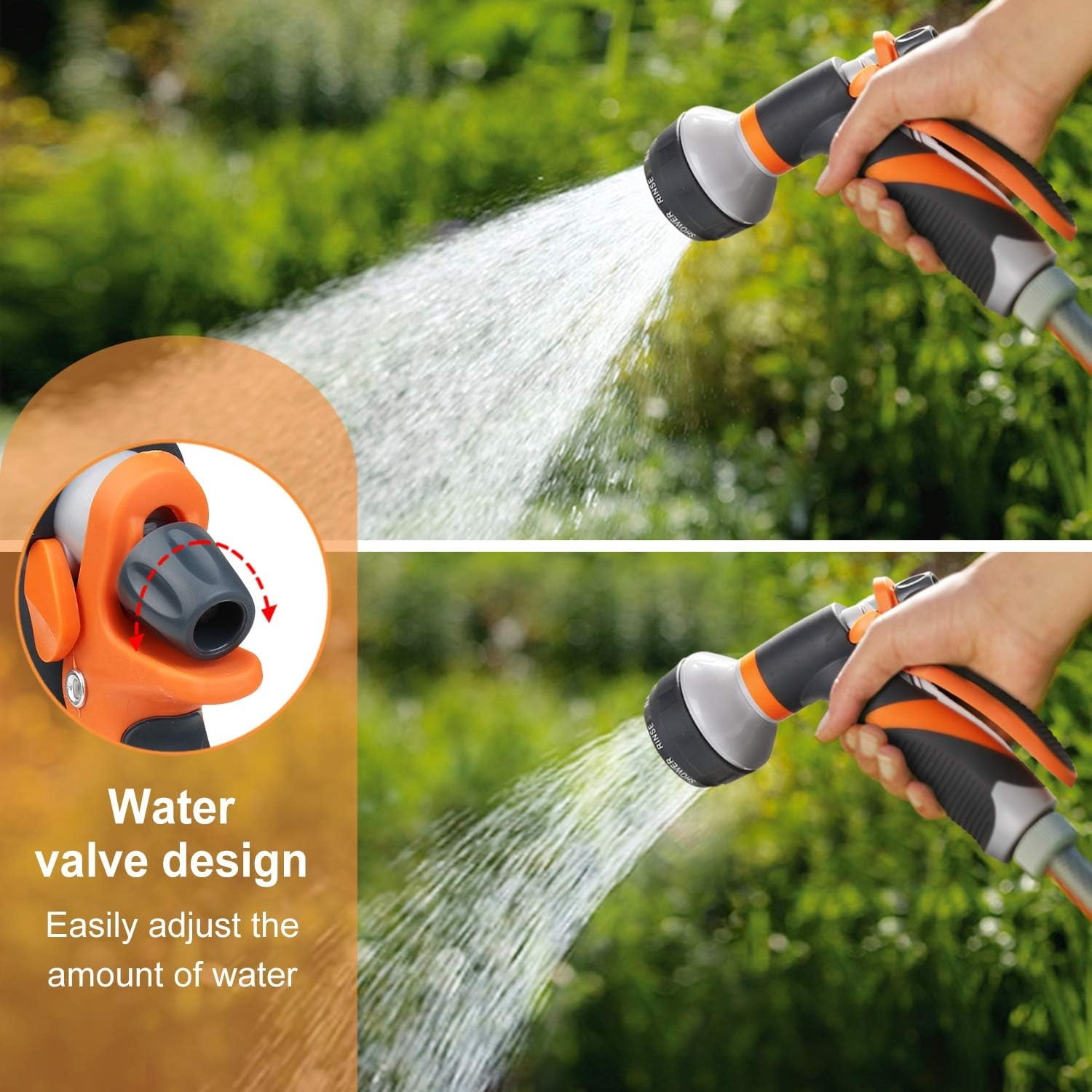 Hand hält Gartenschlauchdüse, sprüht Wasser. Nahaufnahme des Ventildesigns.