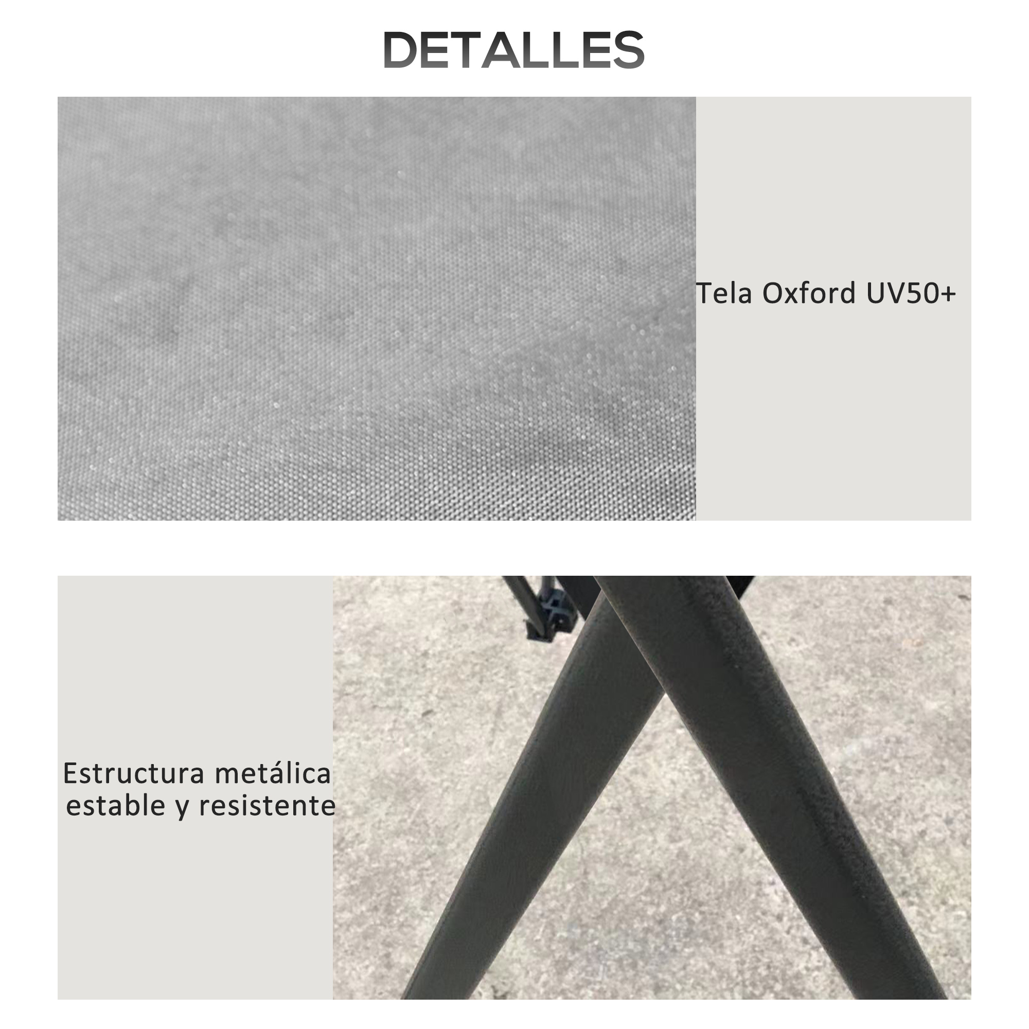 Detalle de tela Oxford UV50+ gris y patas metálicas oscuras.