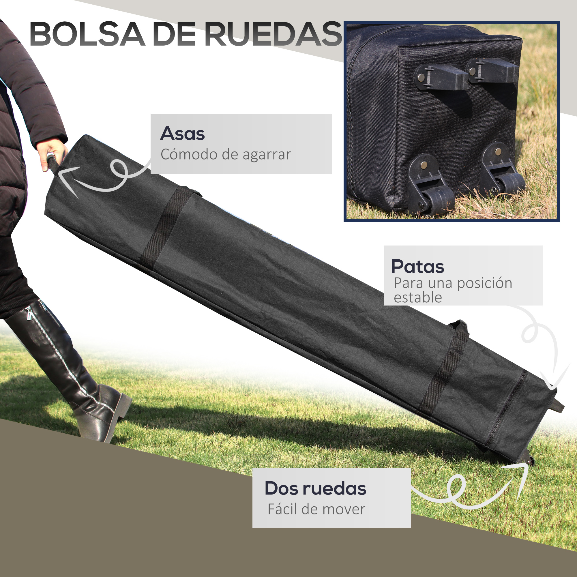 Bolsa negra con ruedas y asas siendo arrastrada sobre hierba.