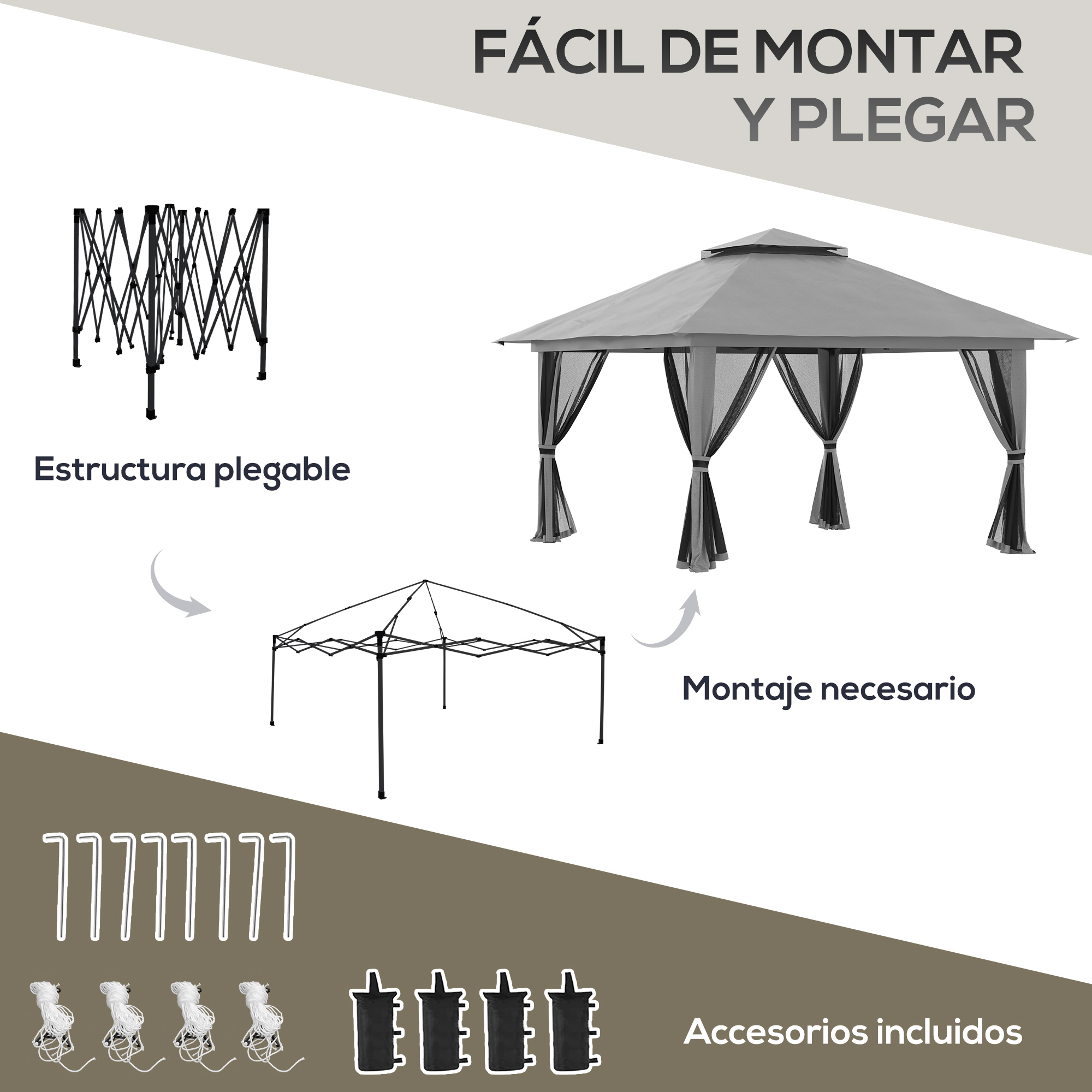 Una carpa gris, una estructura plegada y accesorios.
