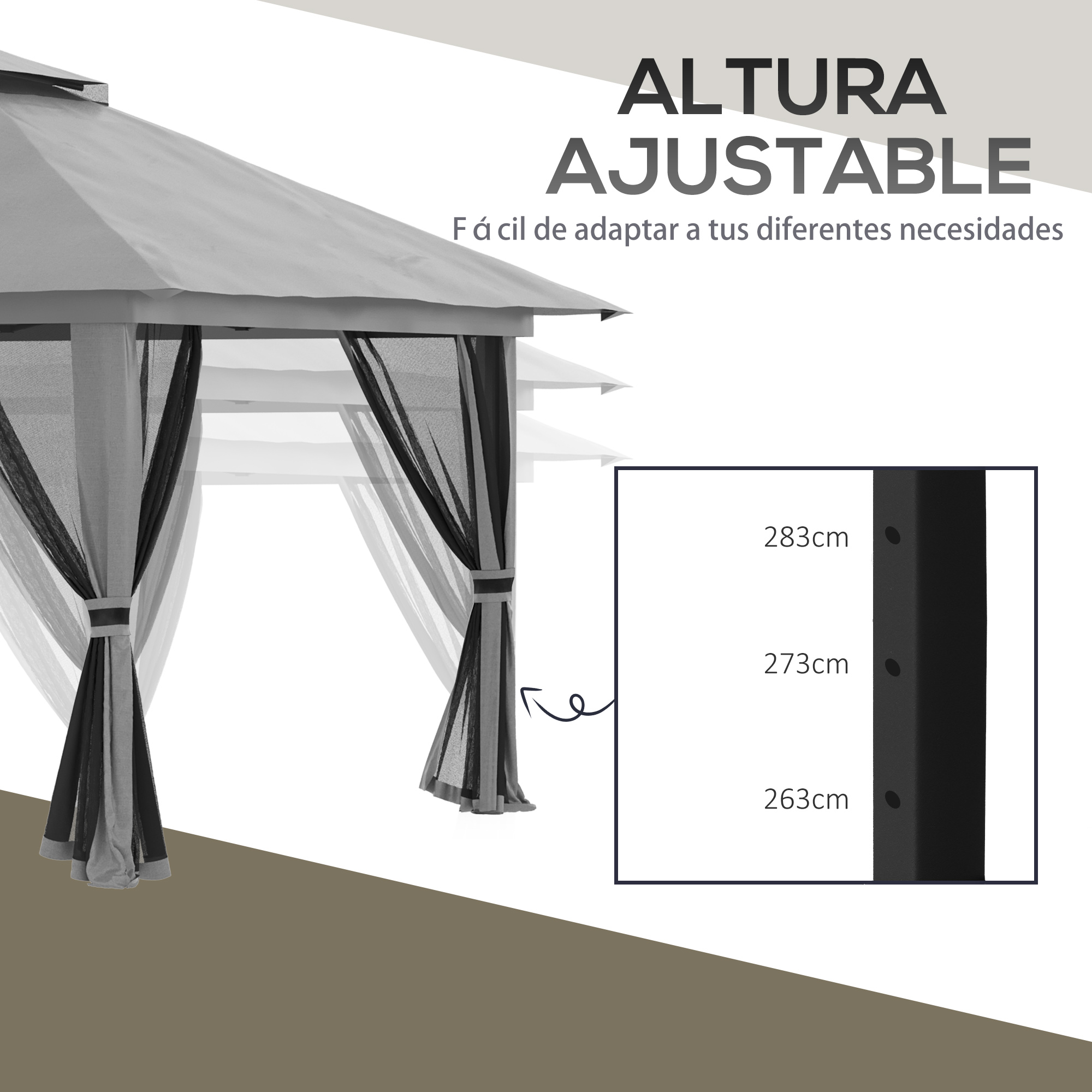 Cenador gris con altura ajustable y cortinas de malla negra. Dimensiones mostradas.