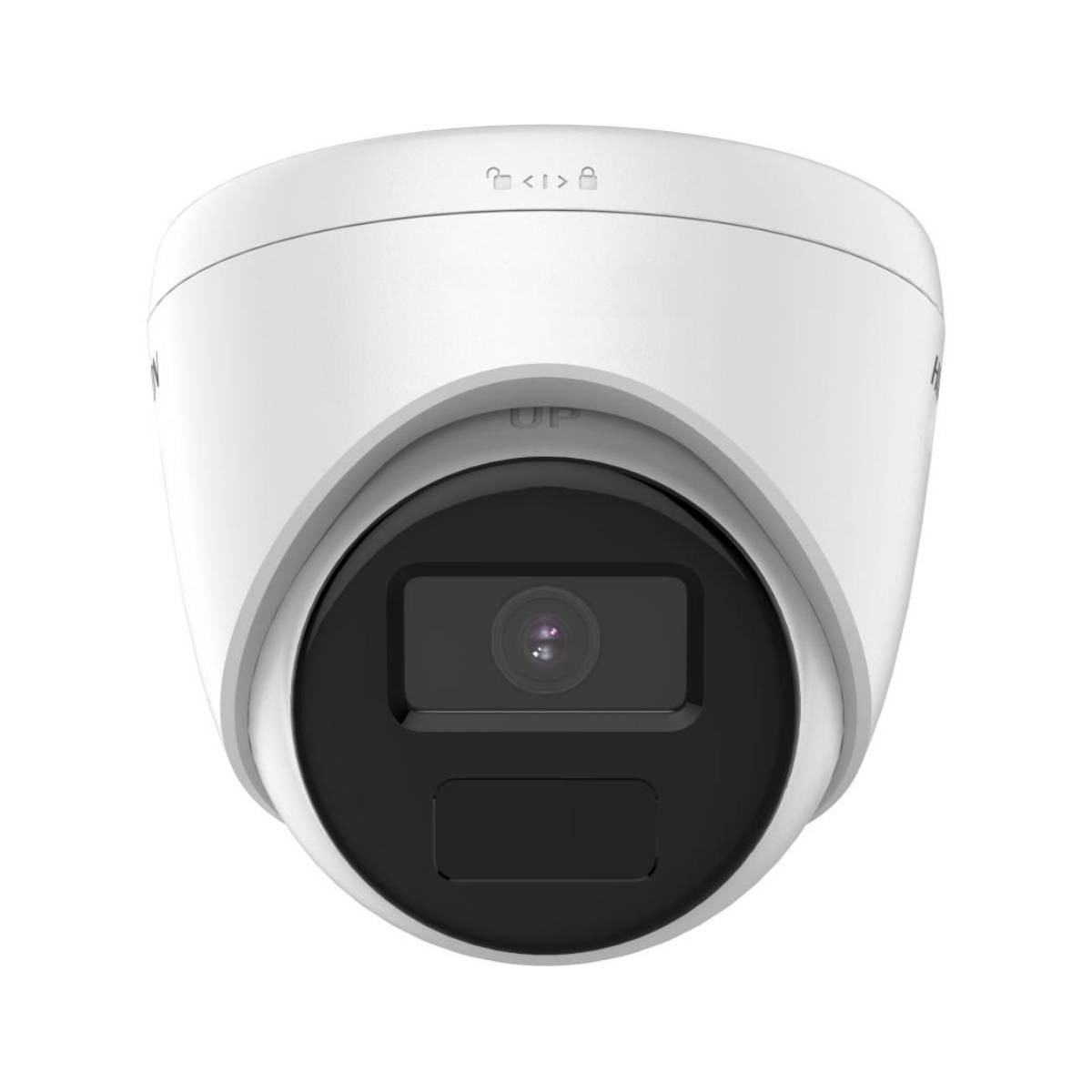 Una telecamera di sicurezza bianca con obiettivo nero e simboli in alto.