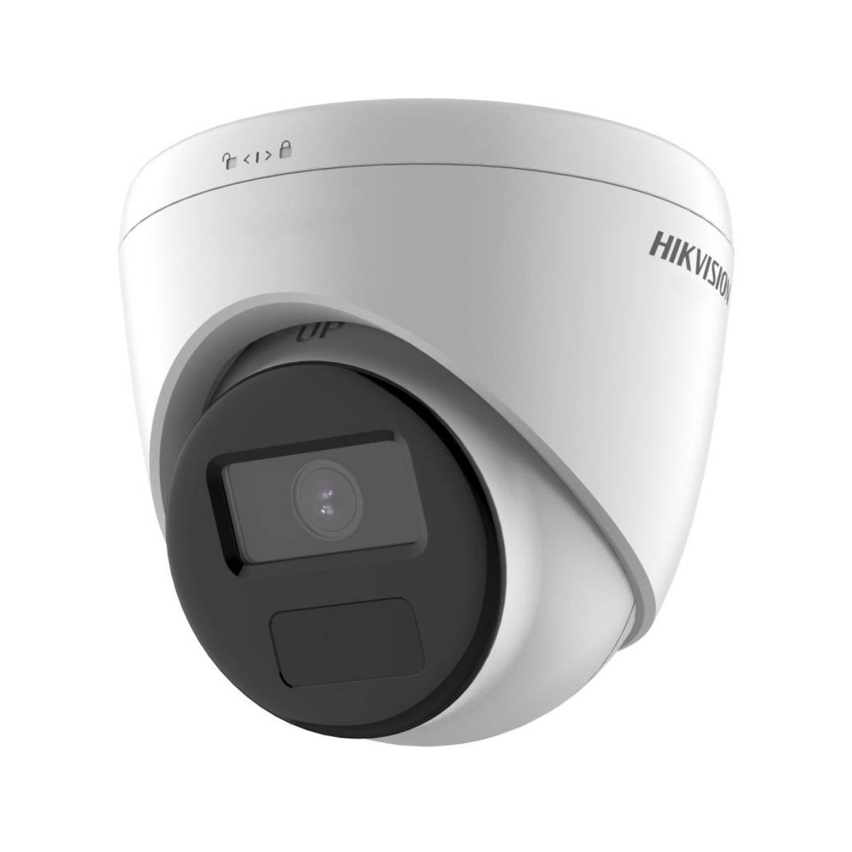 Una telecamera di sicurezza Hikvision bianca con obiettivo nero e LED IR.