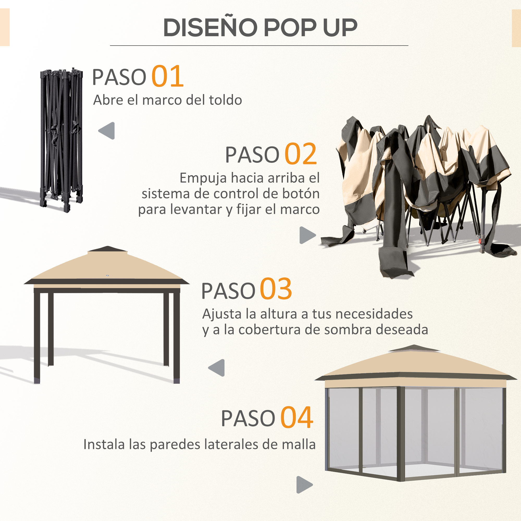 Ilustración muestra montaje de carpa pop-up en 4 pasos.