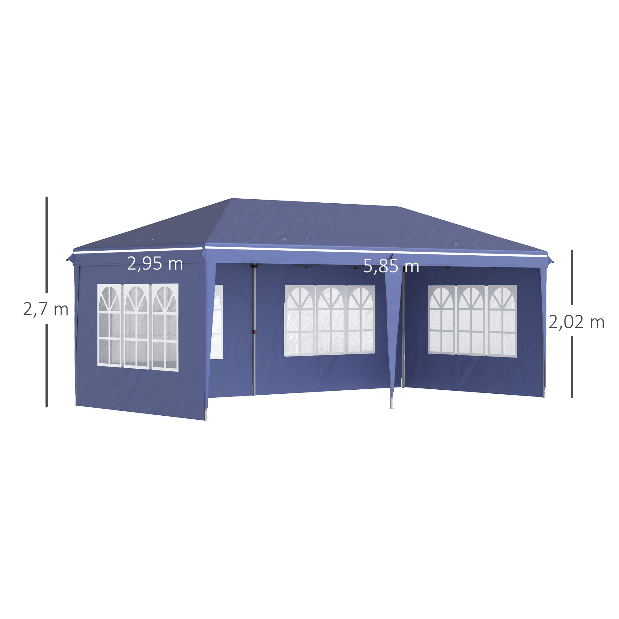 Un gazebo azul oscuro con ventanas. Dimensiones: 2,7m alto, 2,95m ancho, 5,85m largo.