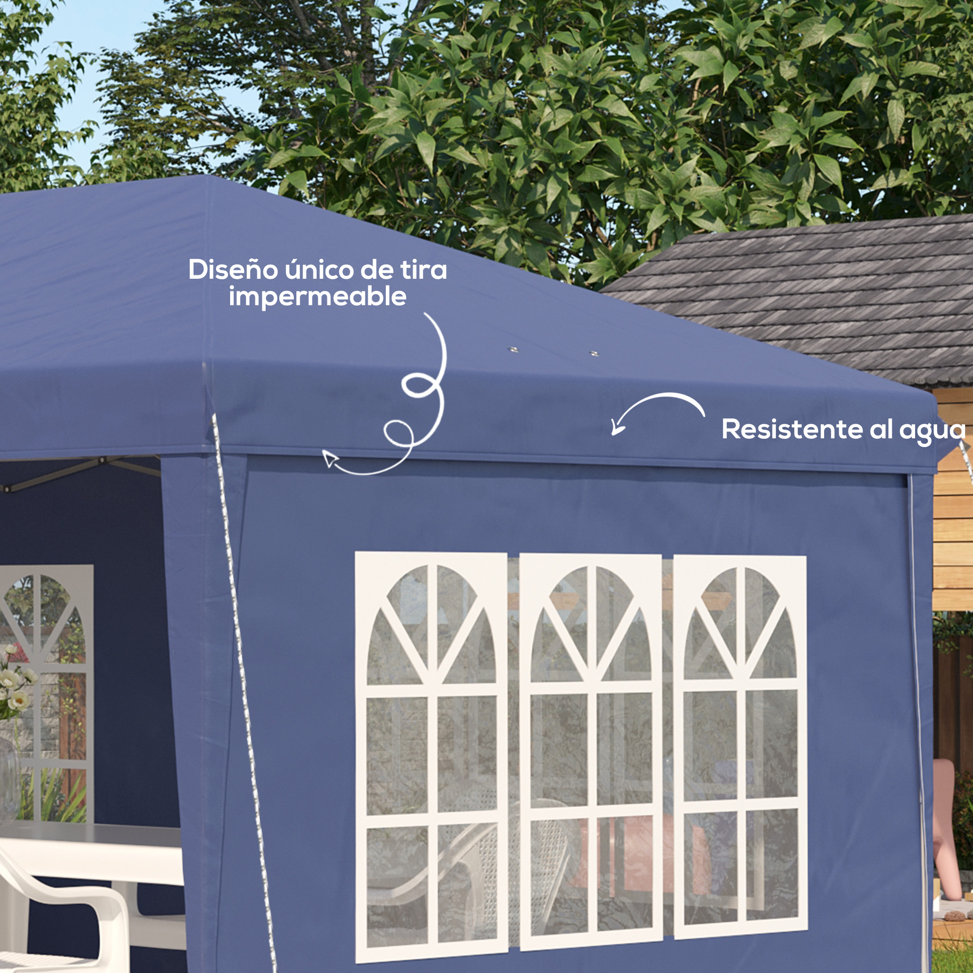 Una carpa azul con ventanas, con texto sobre su diseño impermeable.