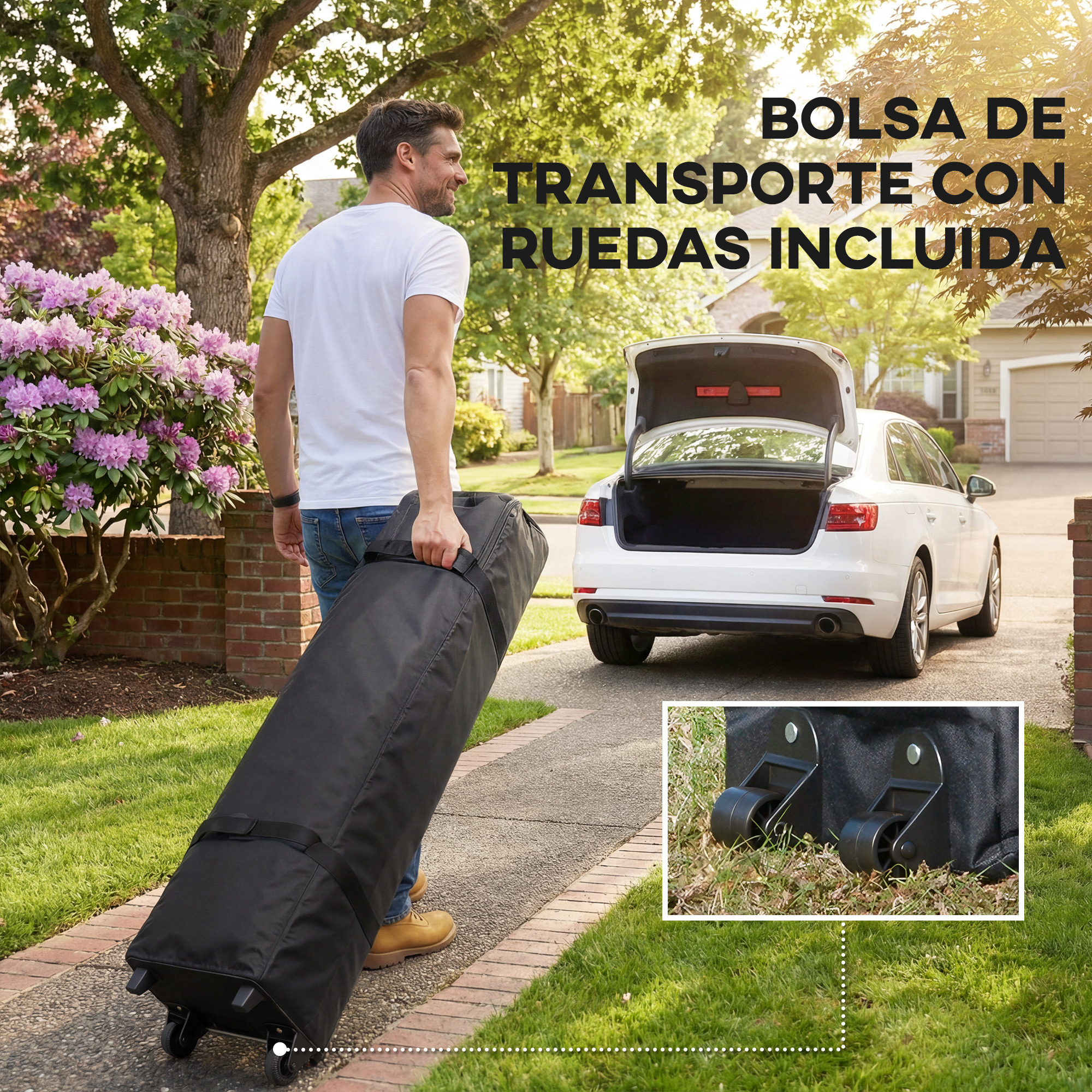 Hombre arrastra bolsa negra con ruedas hacia el maletero abierto de un coche.