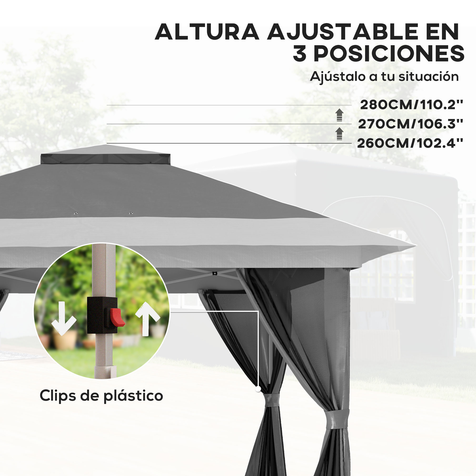 Carpa gris con altura ajustable en 3 posiciones. Primer plano de clips.