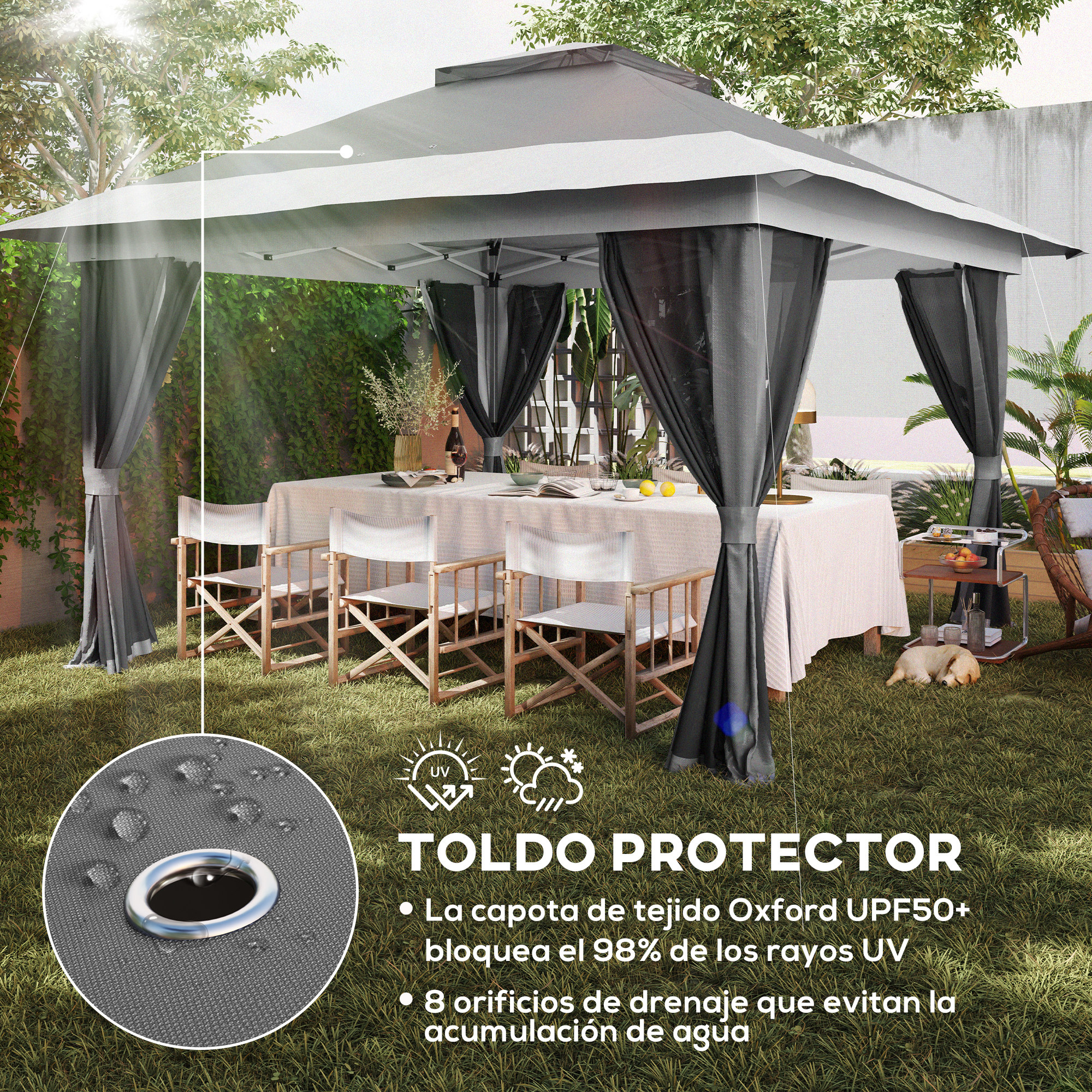 Un toldo con mesa, sillas y mosquiteras en un jardín. Un perro duerme.