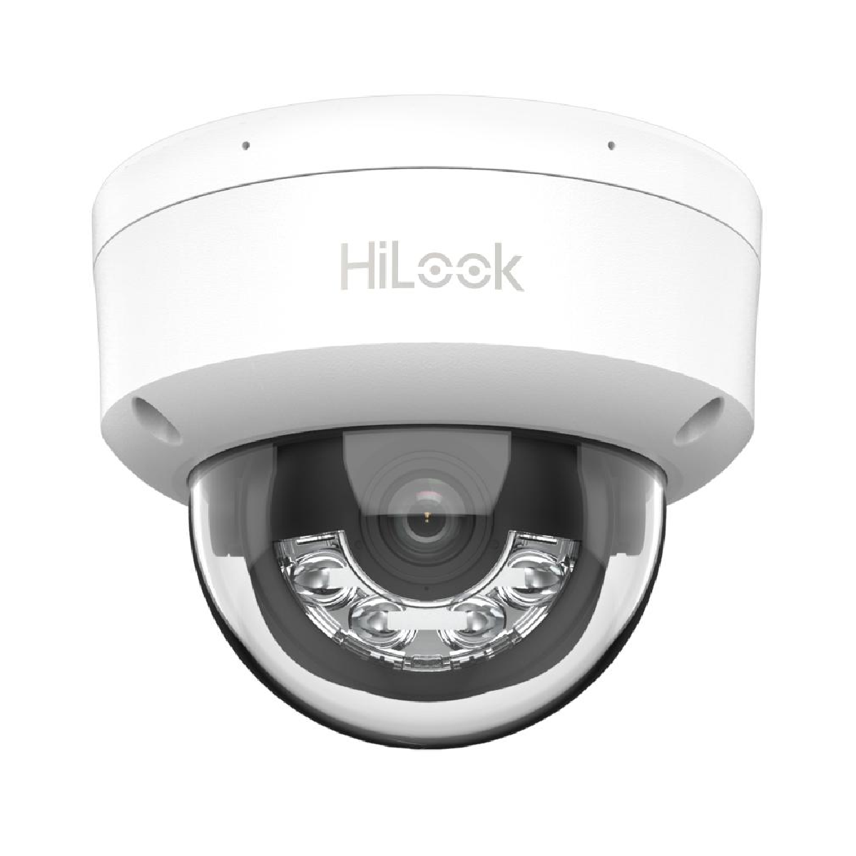 Telecamera di sicurezza dome bianca con logo Hilock e LED a infrarossi.