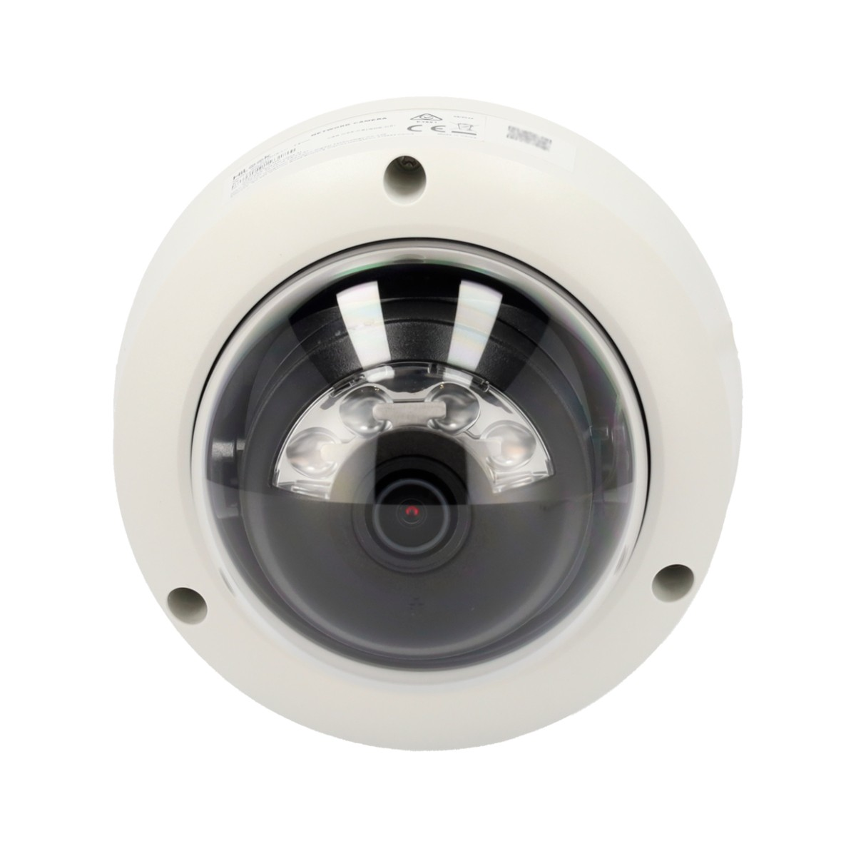 Una telecamera di sicurezza bianca con cupola in vetro e LED a infrarossi.