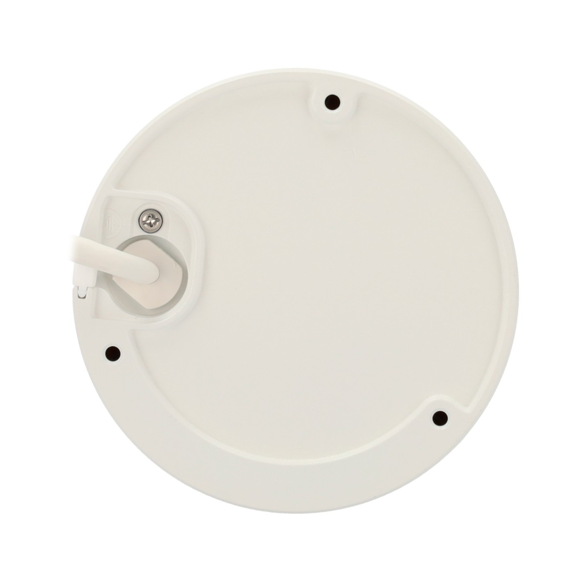 Supporto rotondo bianco con ingresso cavo e fori per viti.