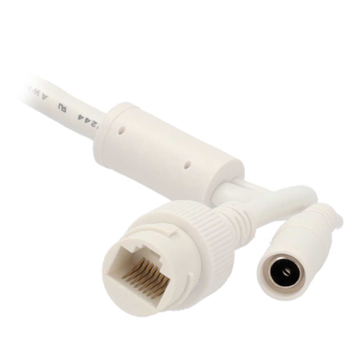 Un cavo Ethernet bianco con connettore di alimentazione, bianco.