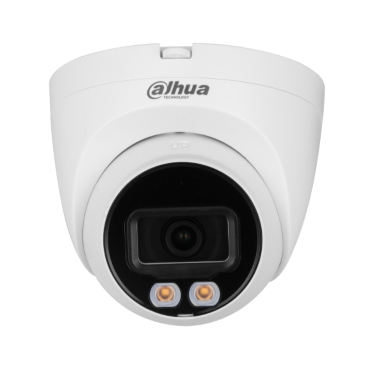 Una telecamera di sicurezza bianca con il logo Dahua e due luci.