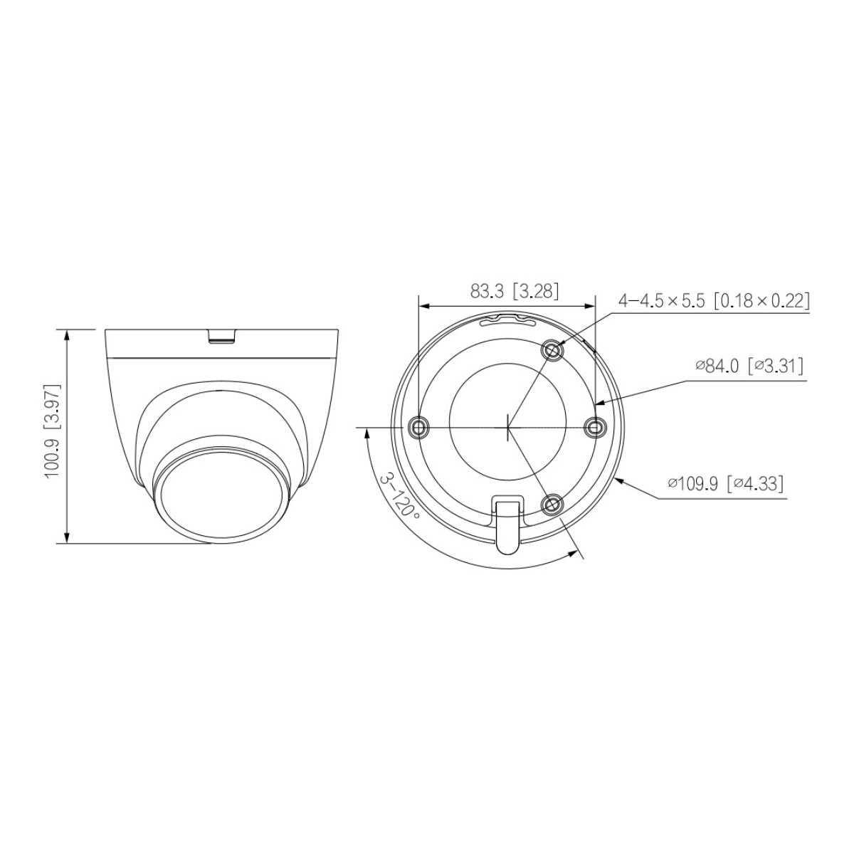 Disegno tecnico di una telecamera di sorveglianza con dimensioni.