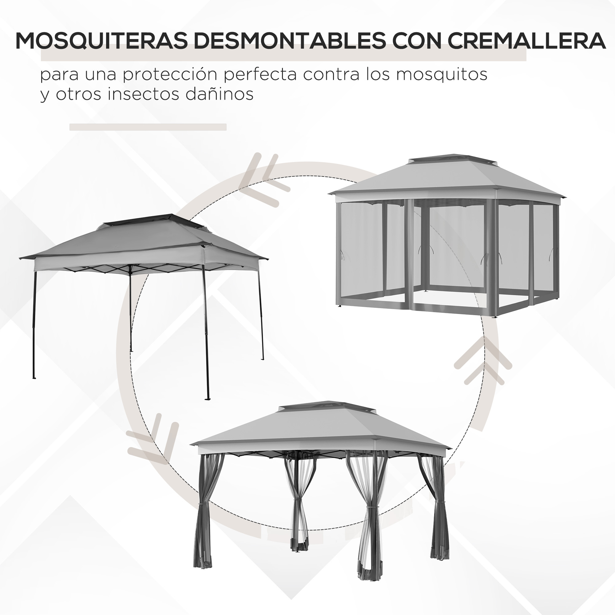 Carpa gris con mosquiteros y cortinas que protegen de insectos.