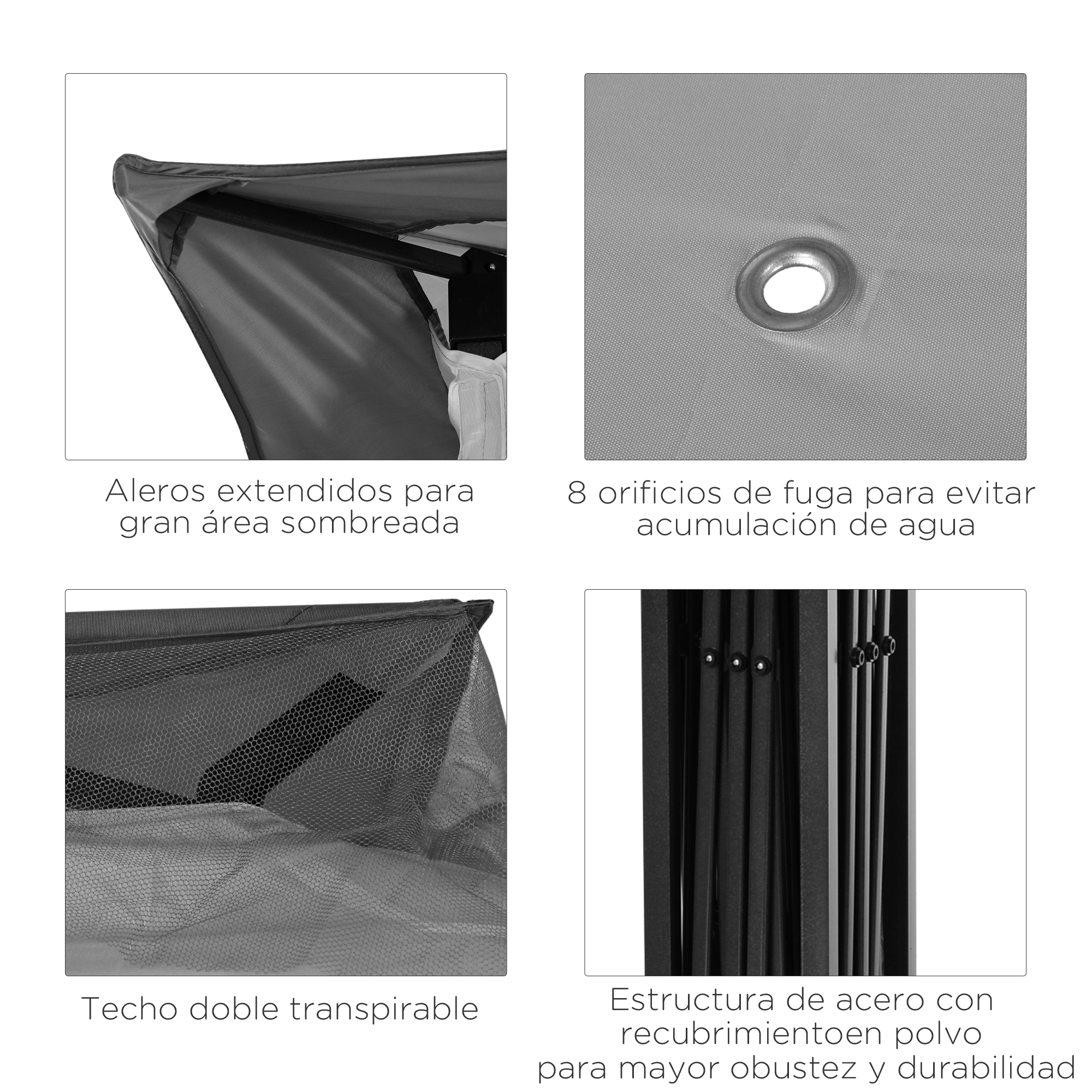 Toldo gris con alero, ventilación y estructura de acero.