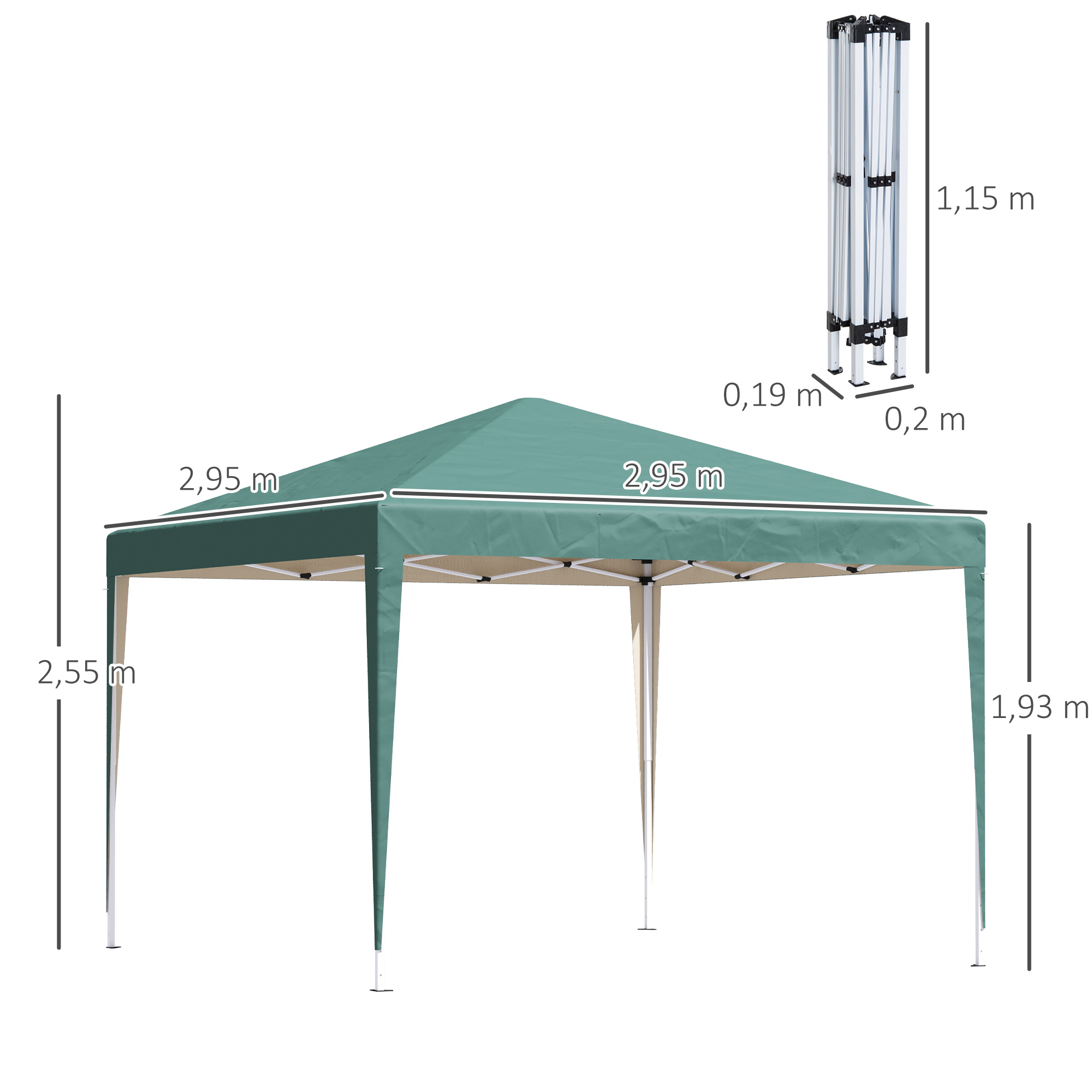 Cenador verde 2.95x2.95m, altura 2.55m. Dimensiones del marco 1.15m.
