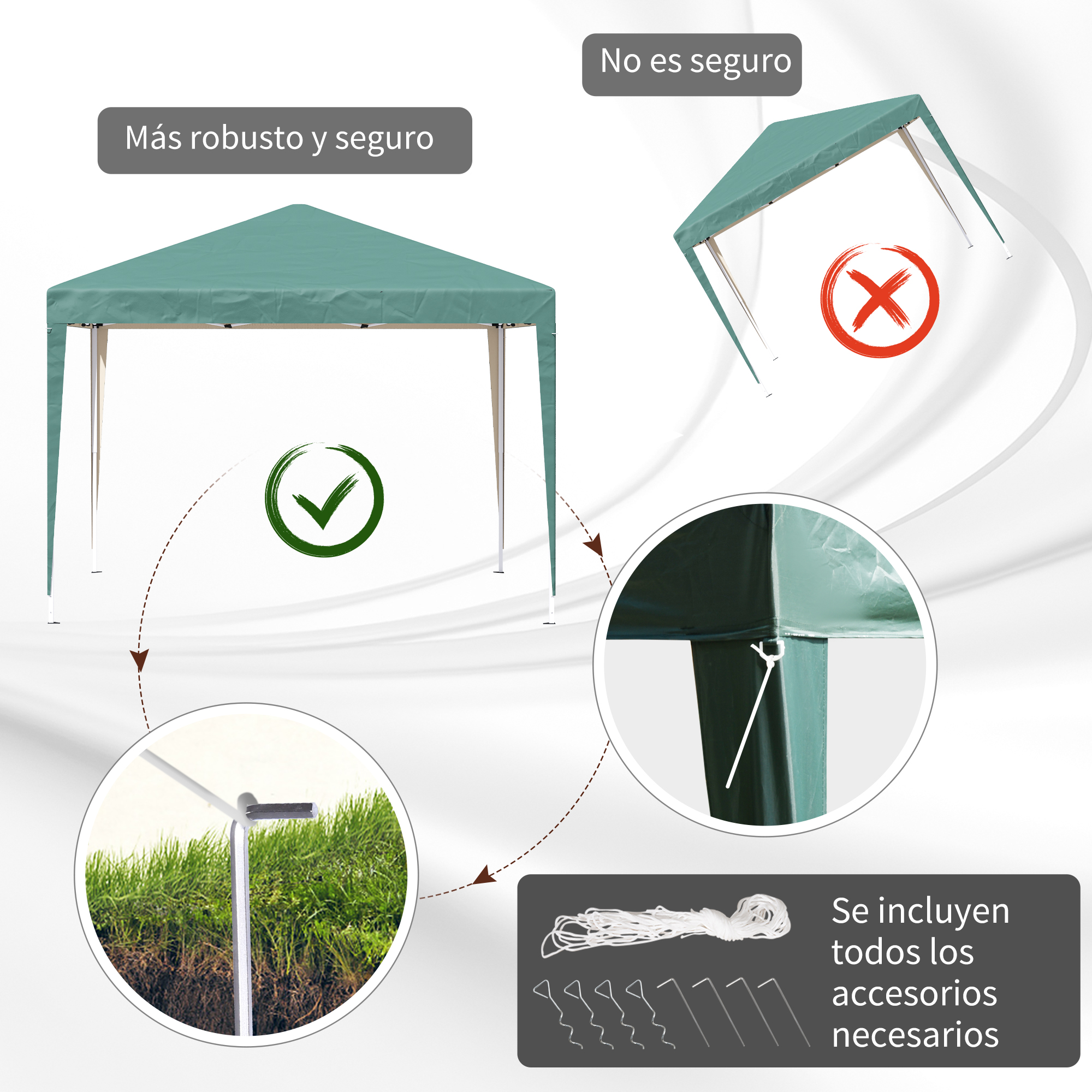 Tienda verde con accesorios. Estable a la izquierda, inestable a la derecha.