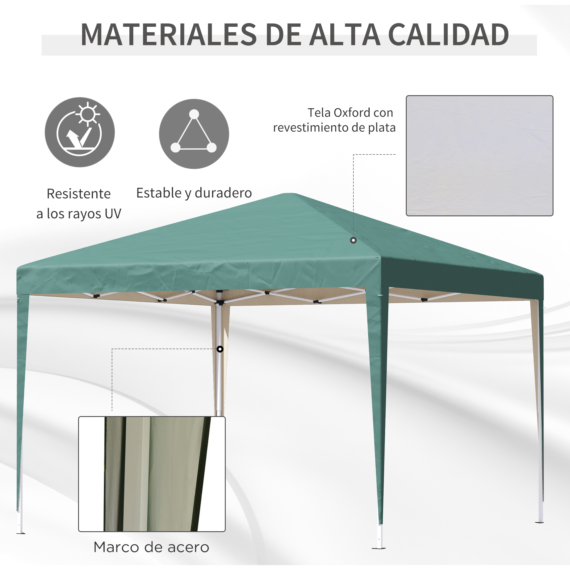 Una carpa verde con revestimiento plateado, marco de acero y protección UV.
