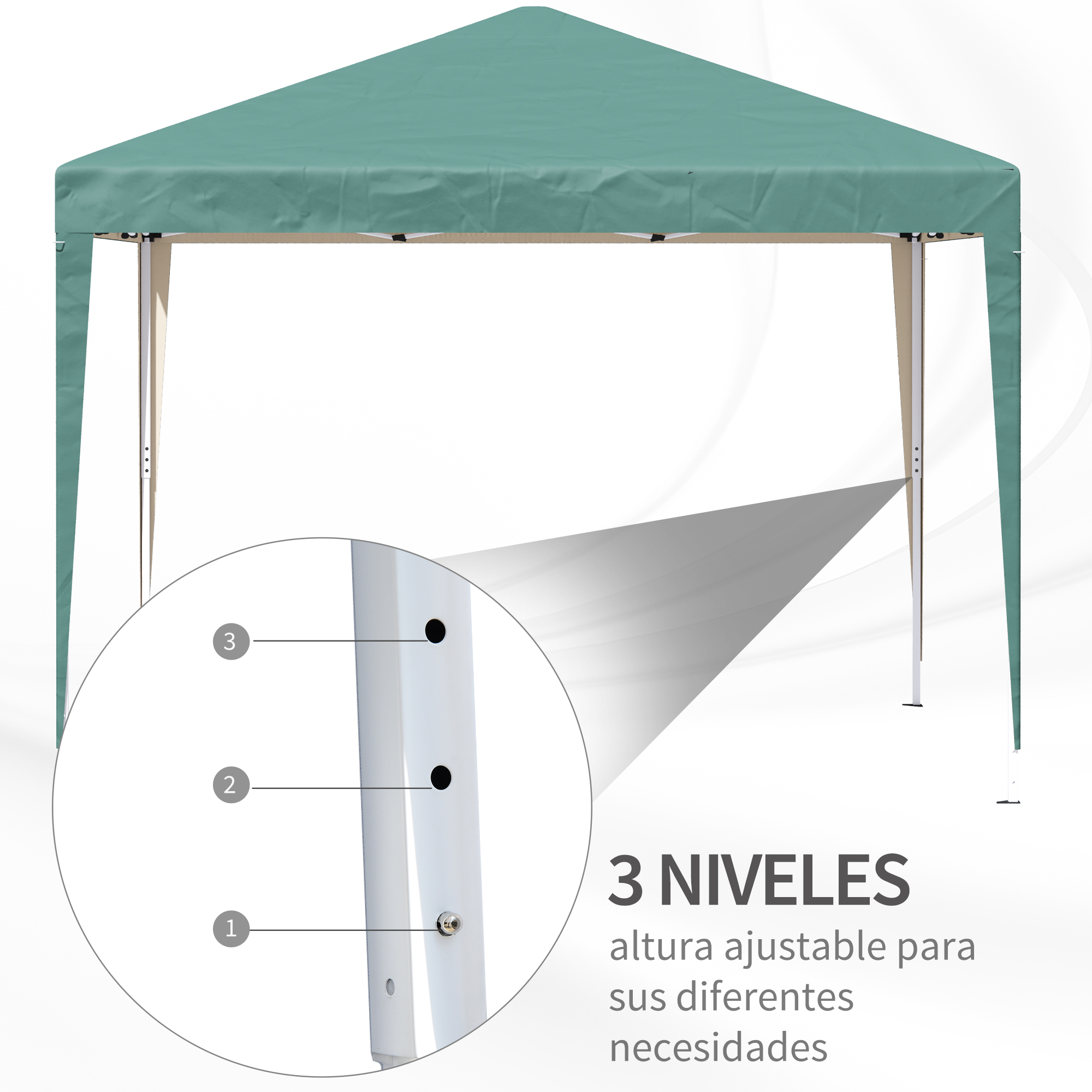 Una carpa verde con patas ajustables mostrada en 3 alturas.
