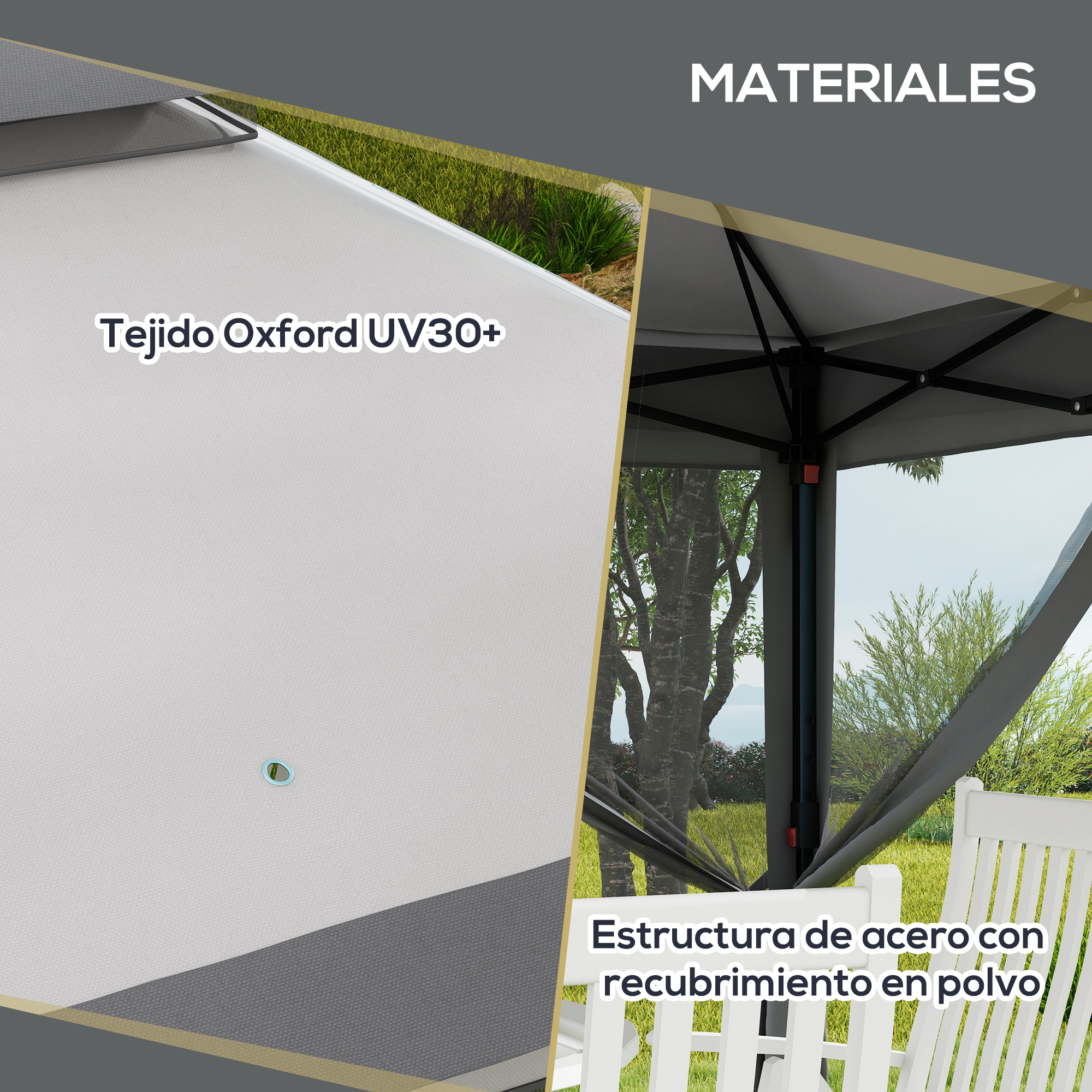 Carpa gris con tela Oxford y estructura de acero al aire libre.
