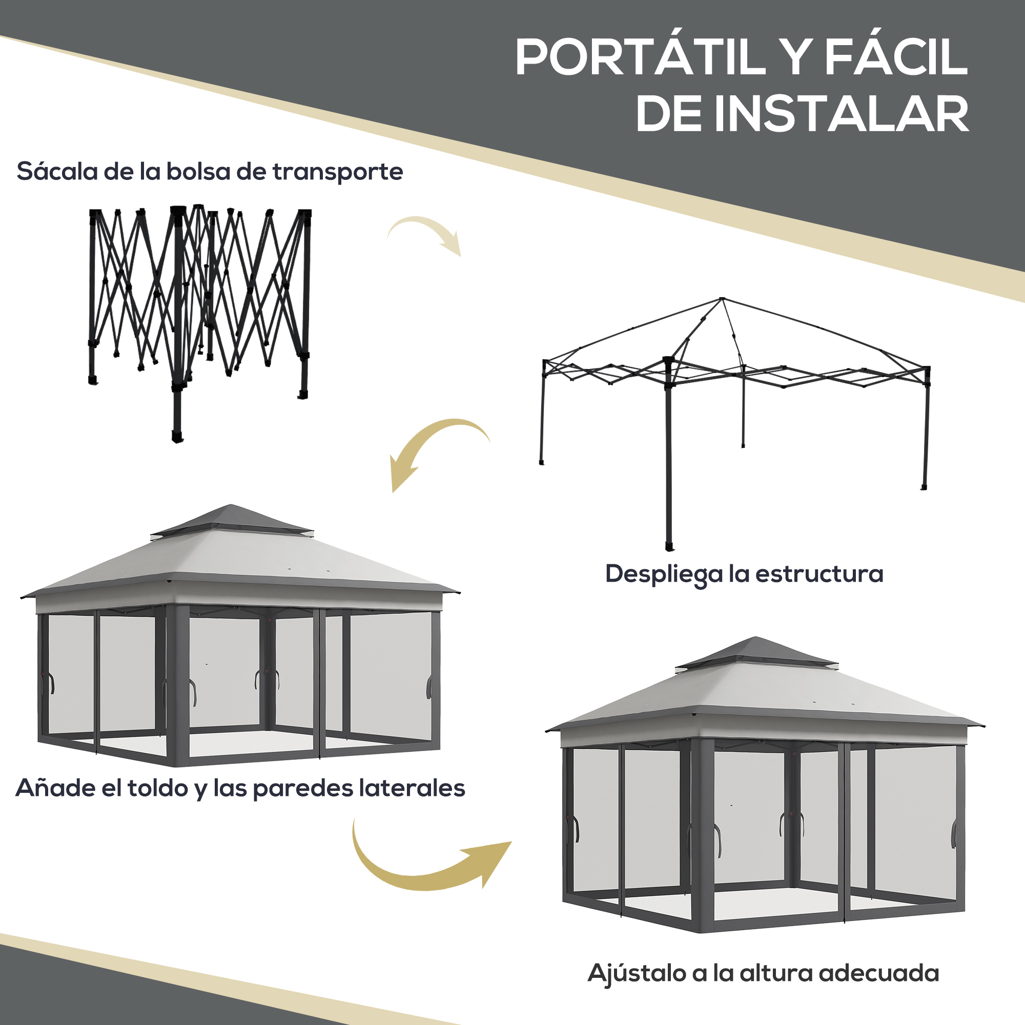 Guía de montaje de tienda: desplegar marco, añadir techo y paredes.